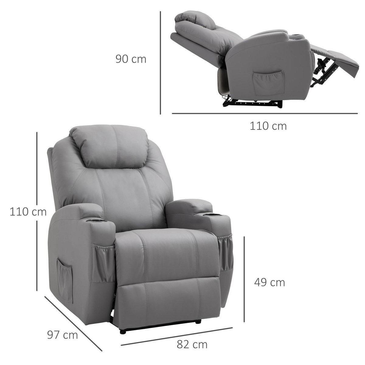 HOMCOM Fauteuil luxe de relaxation et massage inclinaison dossier repose-pied électrique revêtement synthétique gris