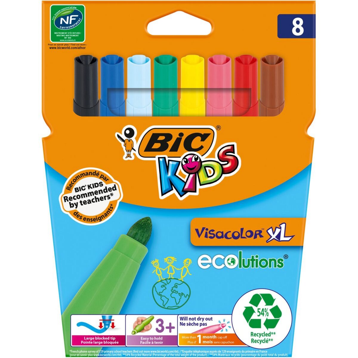 BIC Etui de 8 feutres de coloriage lavables pointe large Kids Visacolor XL ecolutions