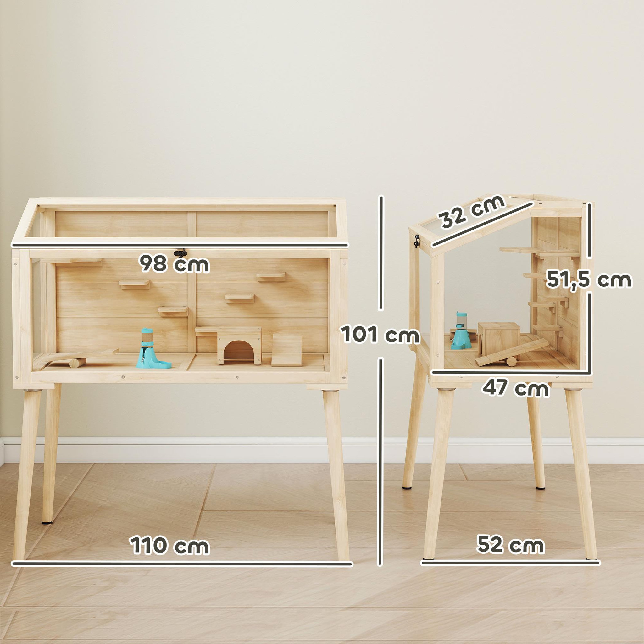Voir la diapositive 3 : PAWHUT Cage hamster rongeur en bois plexiglas - 7 plateformes - multi-accessoires - 110 x 52 x 101 cm