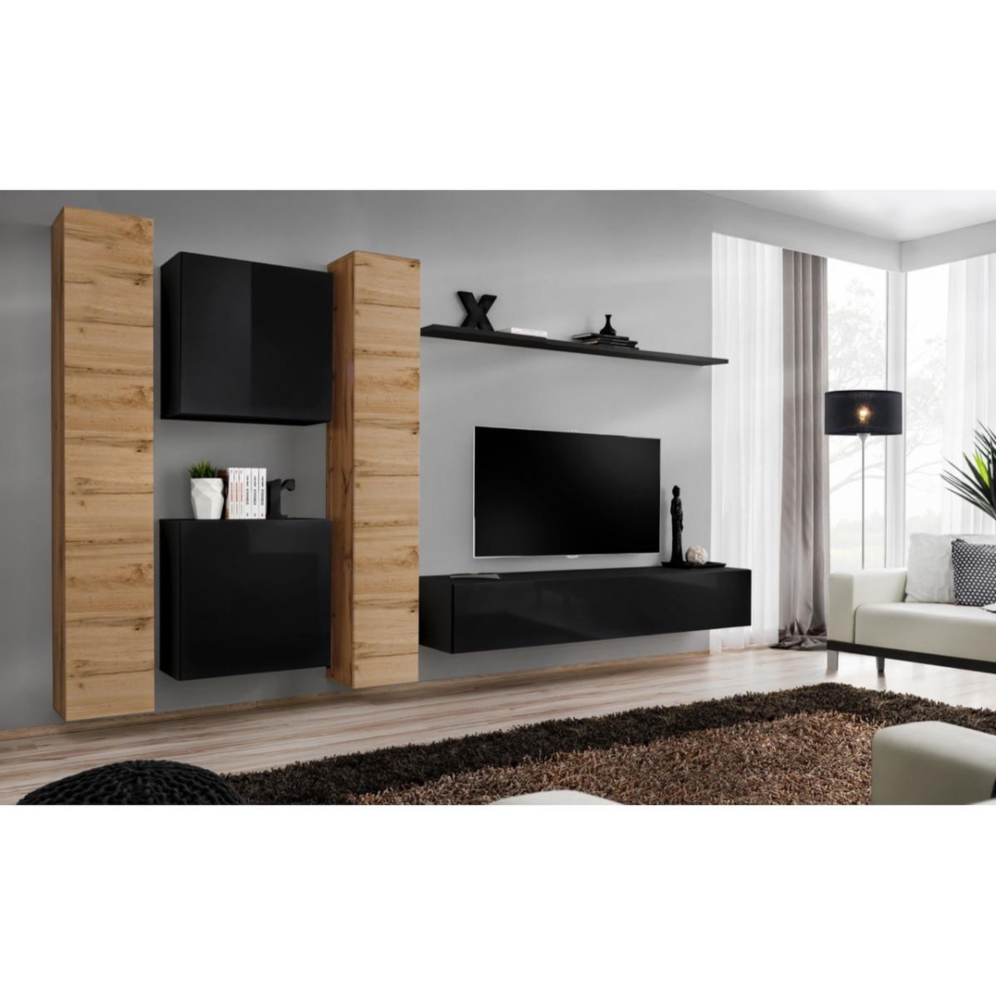 Voir la diapositive 2 : Paris Prix Meuble tv mural design  switch vi  330cm naturel & noir