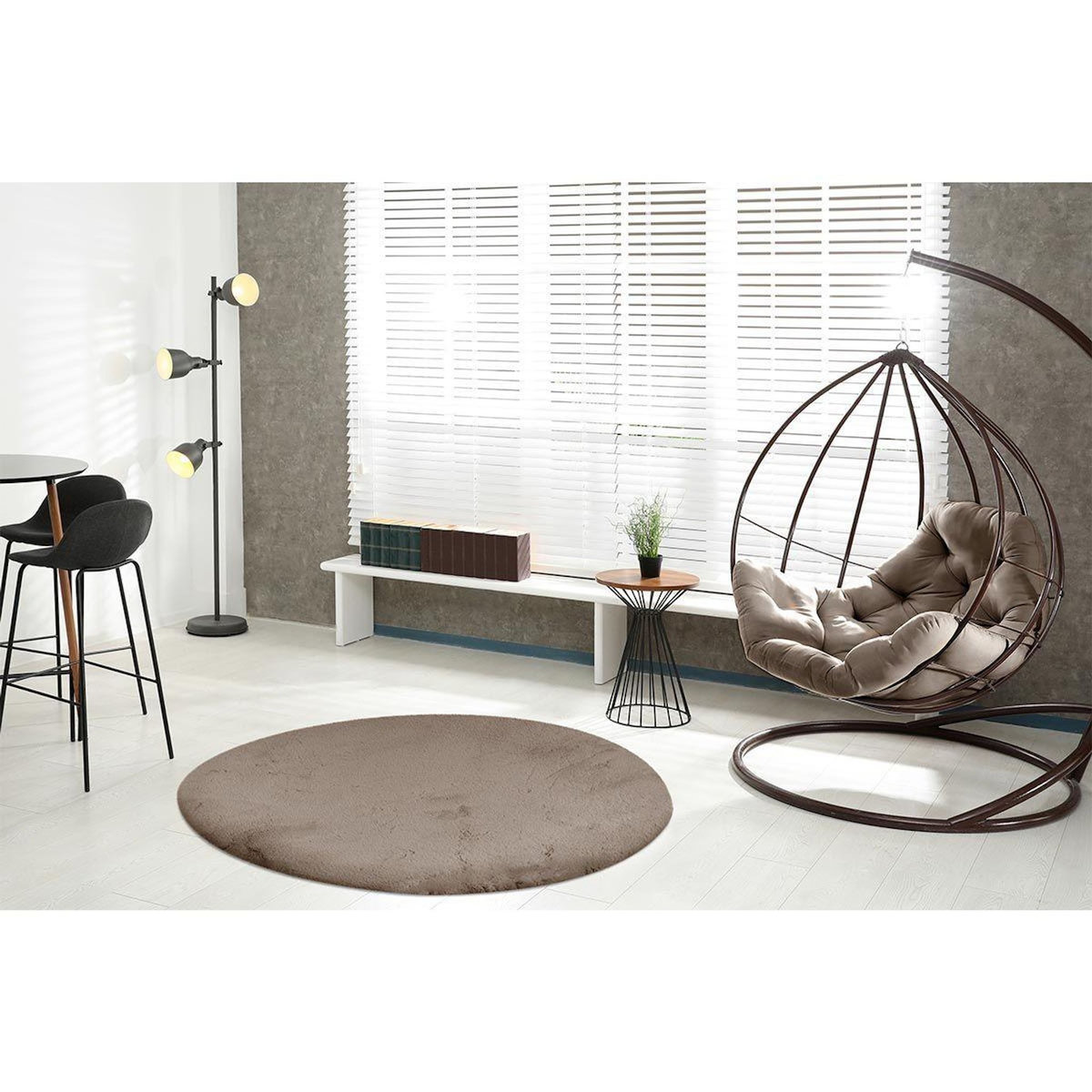 Paris Prix Tapis Uni Rond Doux à Poils Longs  Rabbit  Taupe