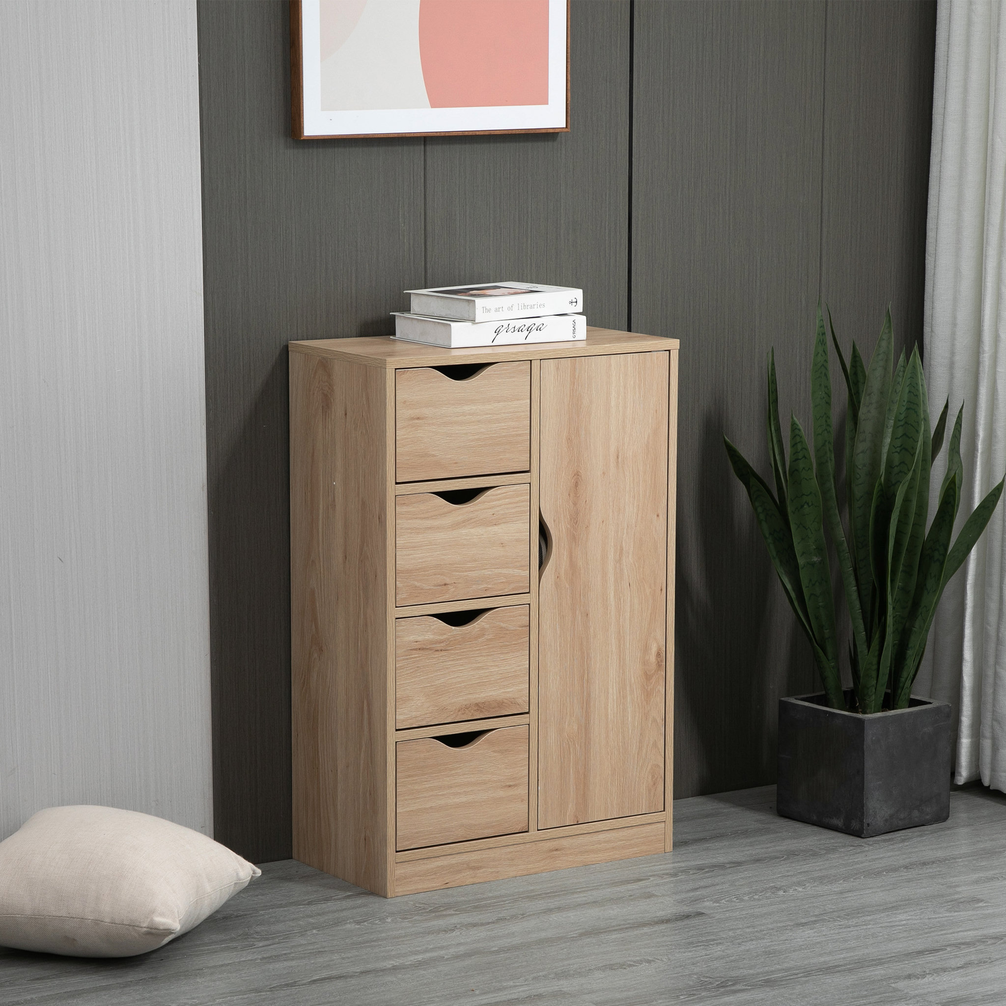 Voir la diapositive 4 : HOMCOM Meuble de rangement moderne 1 porte 4 tiroirs - panneaux particules aspect chêne clair
