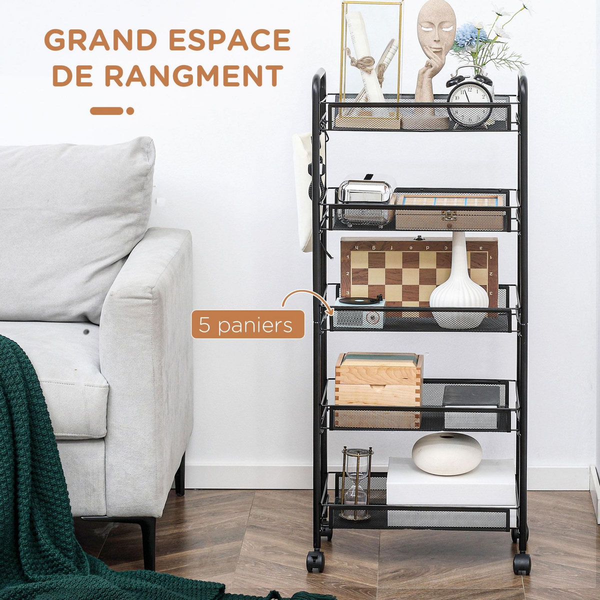 HOMCOM Chariot de service desserte de cuisine à roulettes 5 paniers métalliques amovibles 4 crochets acier noir
