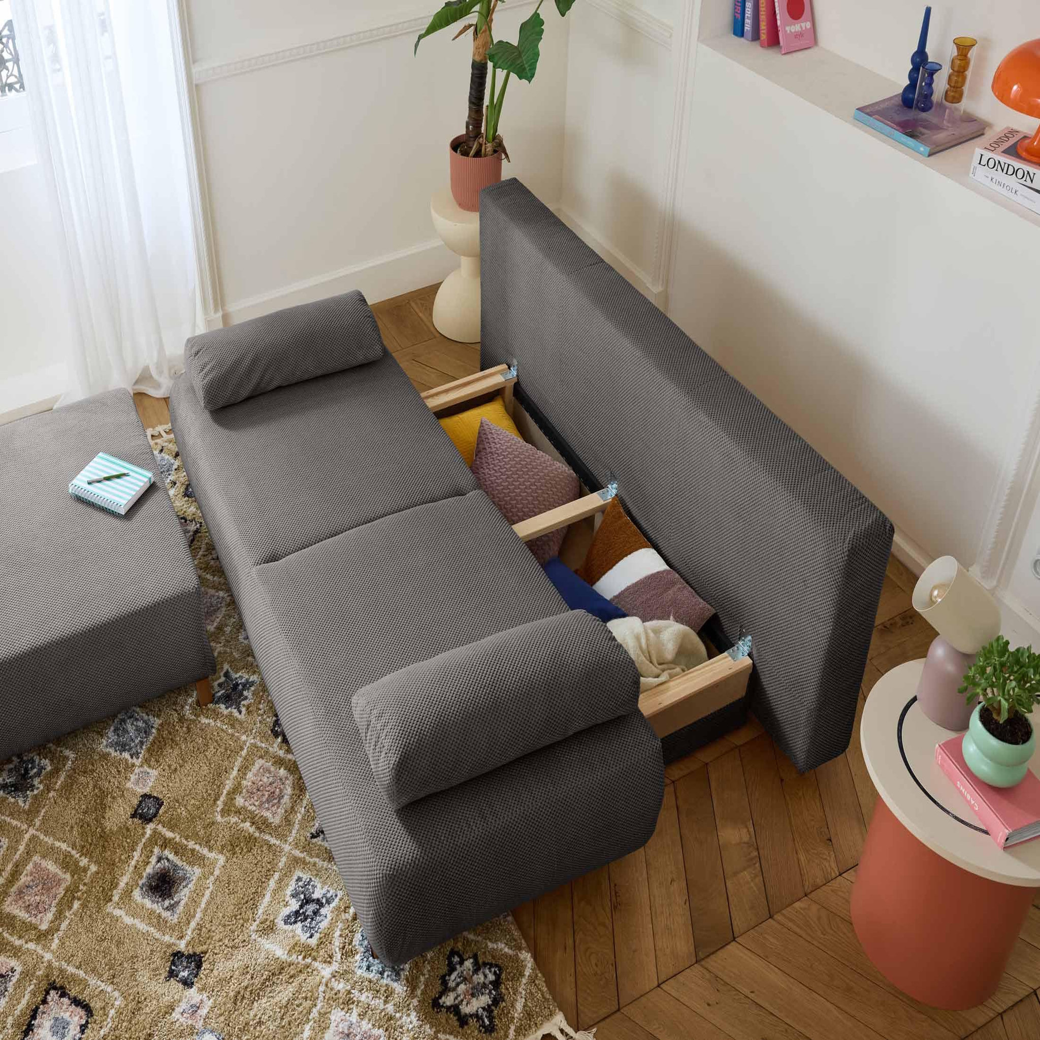 Voir la diapositive 3 : BEST MOBILIER Cristal - canapé 3 places - convertible avec coffre et grand pouf - en velours texturé