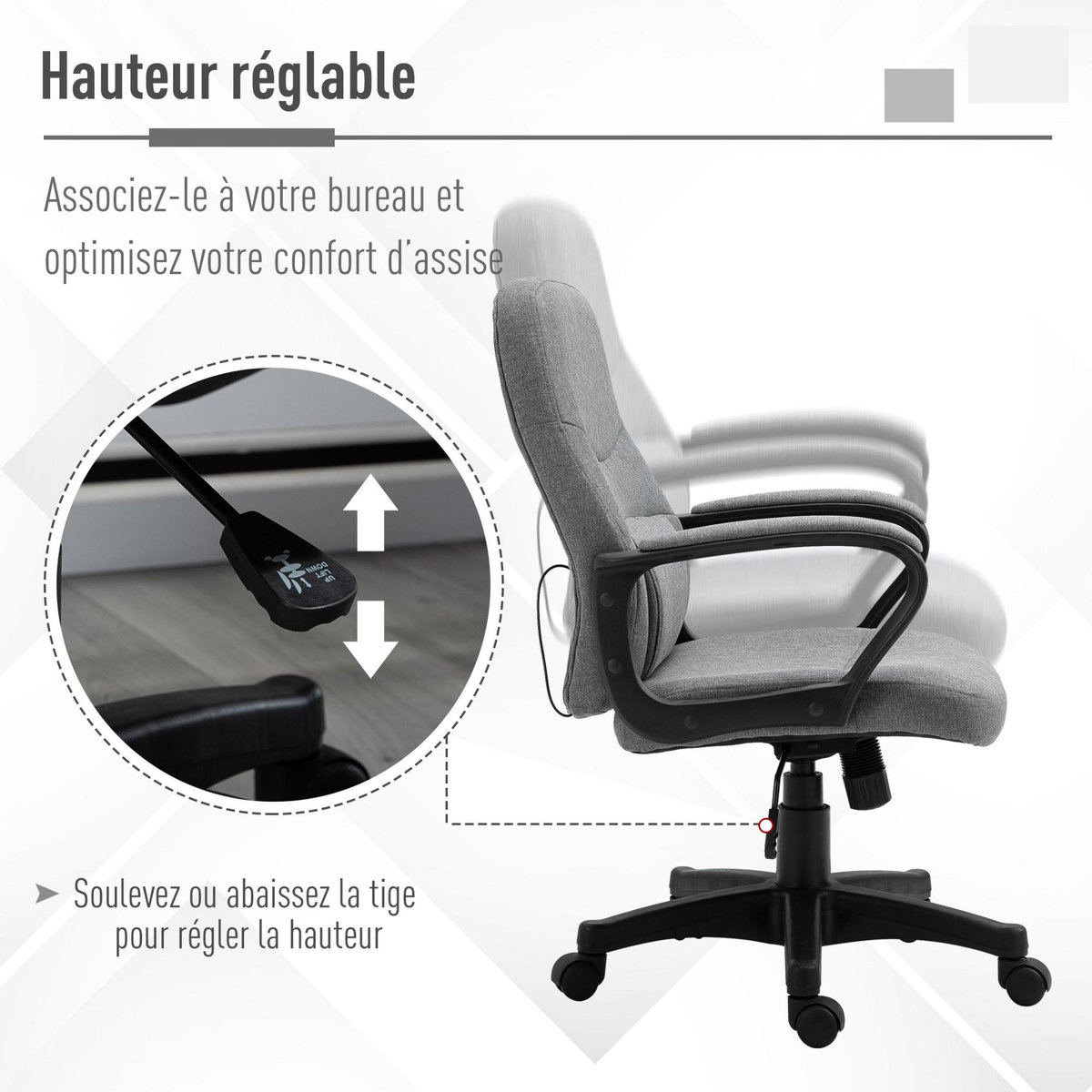 VINSETTO Vinsetto Chaise de bureau fauteuil bureau massant pivotant hauteur réglable tissu lin gris