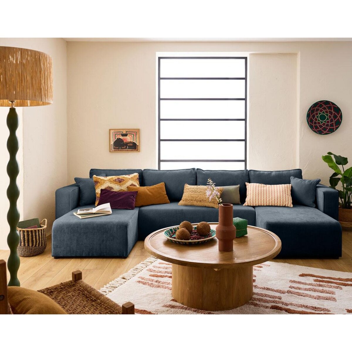 BEST MOBILIER Topaze - canapé panoramique en u - 7 places - convertible avec coffre - en velours côtelé plat