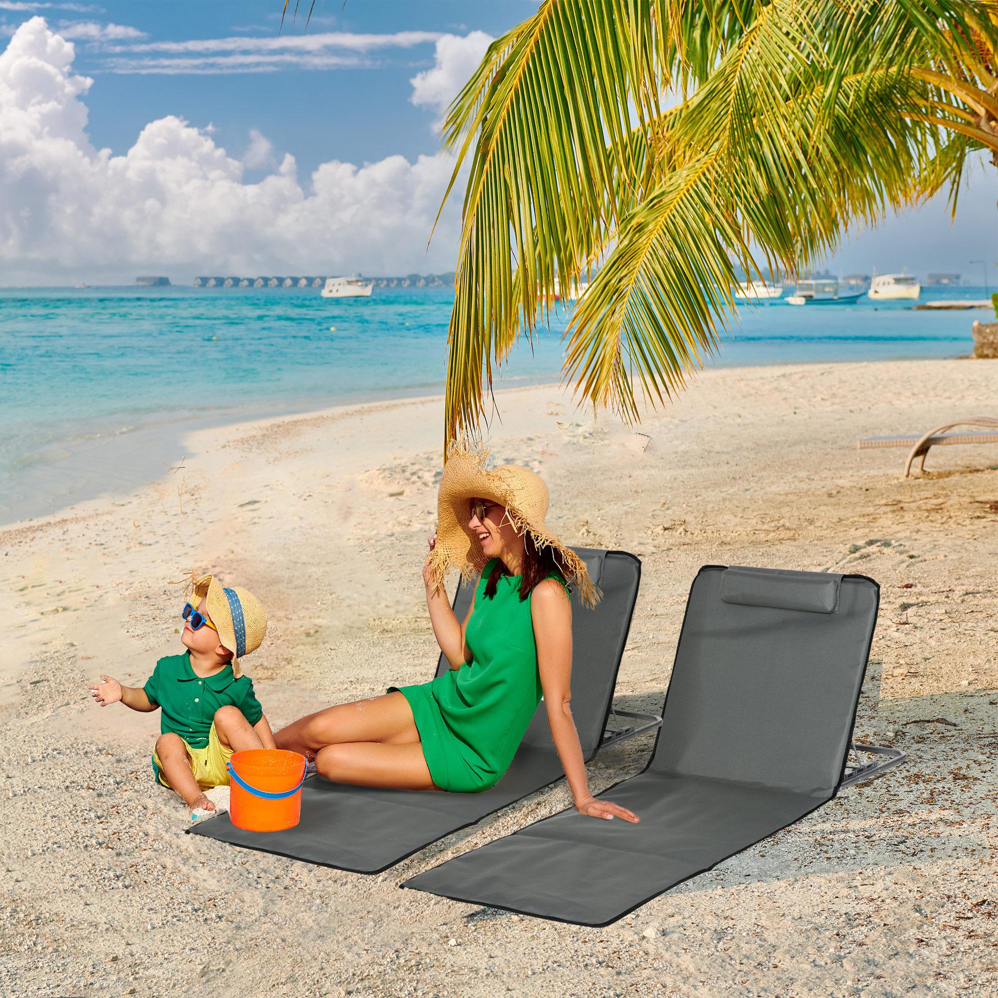 Voir la diapositive 2 : OUTSUNNY Lot de 2 tapis de plage rembourrés - dossier inclinable 5 positions - sac transport inclus - acier polyester gris