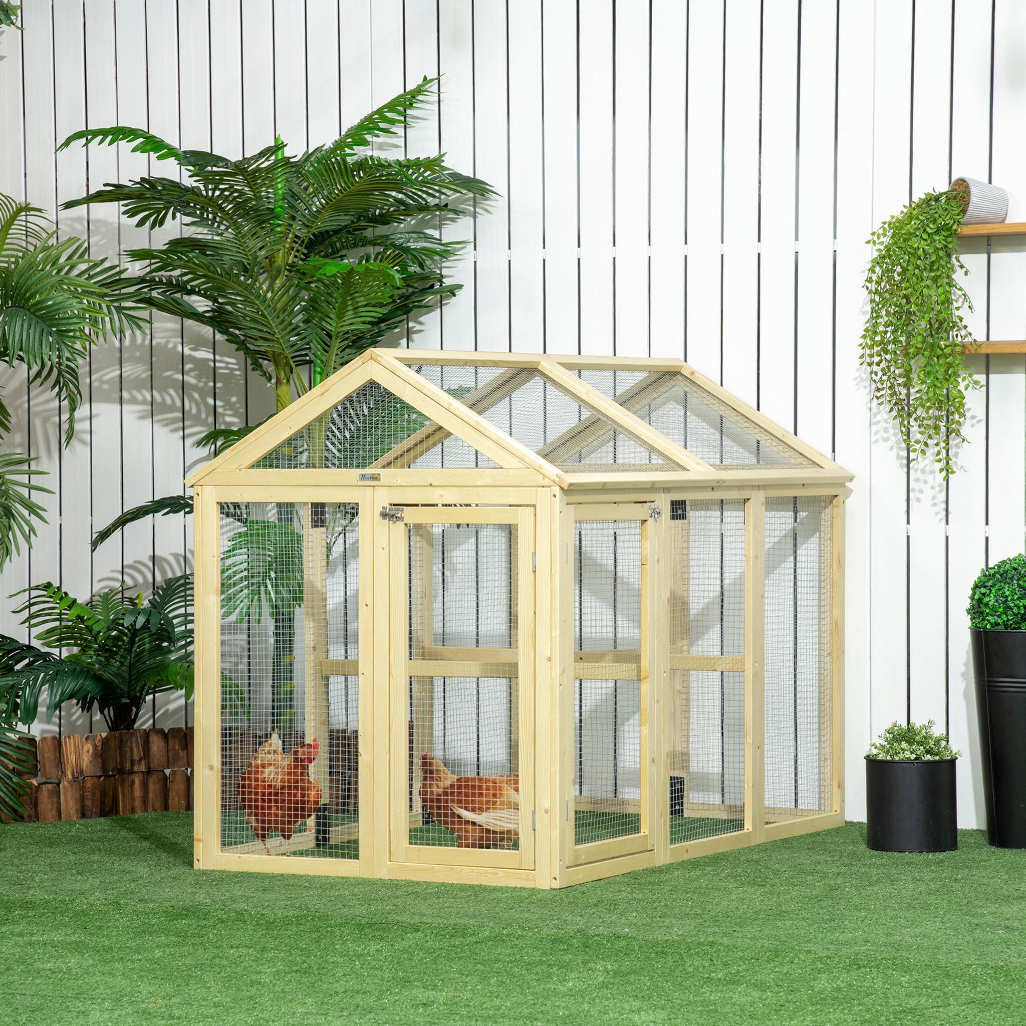 Voir la diapositive 2 : PAWHUT Enclos poulailler chenil 1,23 m² - parc grillagé dim 140L x 88,5l x 106H cm - 2 portes verrouillables - bois sapin