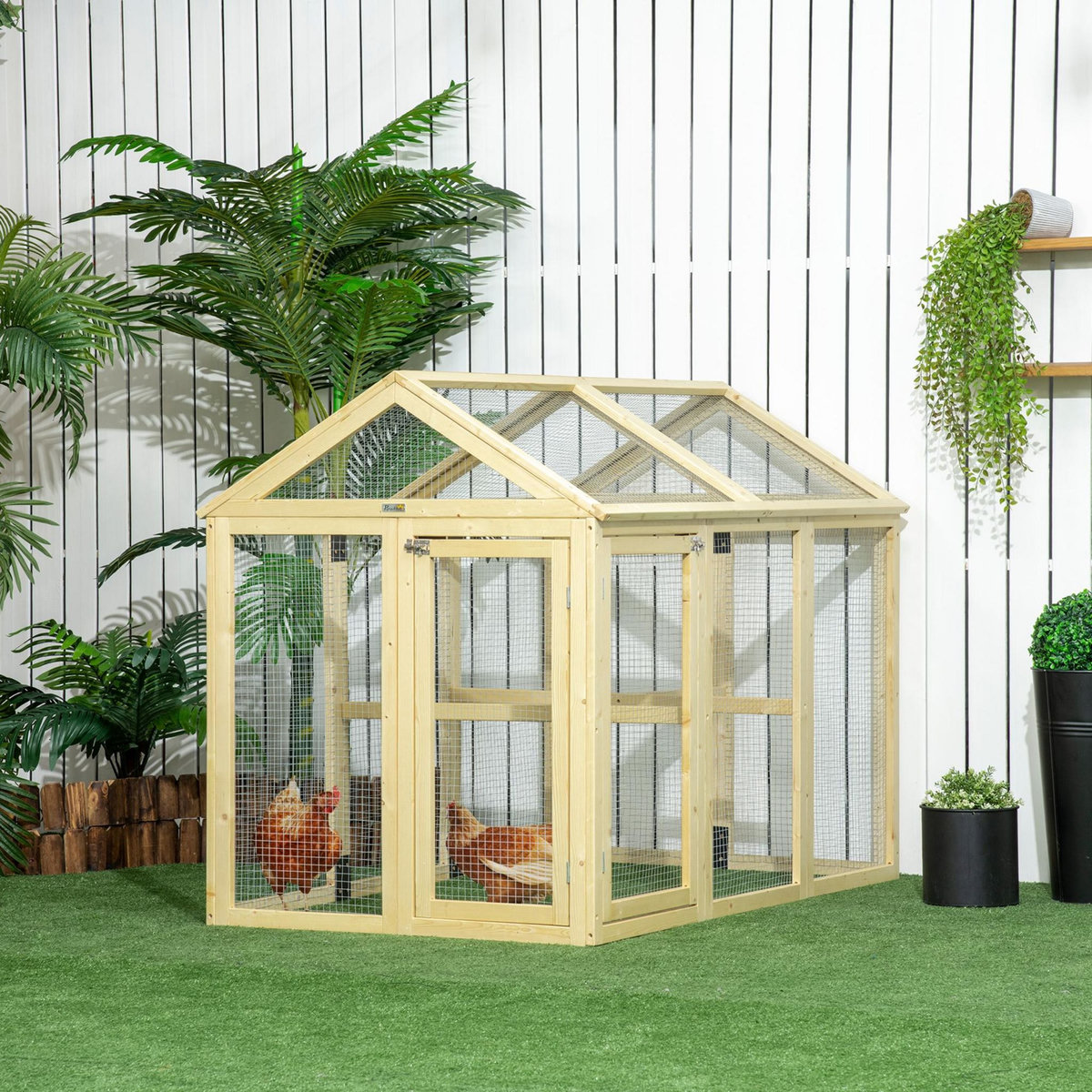 PAWHUT Enclos poulailler chenil 1,23 m² - parc grillagé dim 140L x 88,5l x 106H cm - 2 portes verrouillables - bois sapin