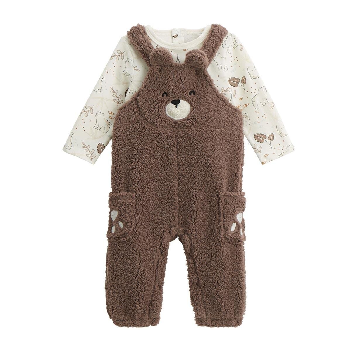 Petit Béguin Ensemble salopette bébé en sherpa et t-shirt Câlins