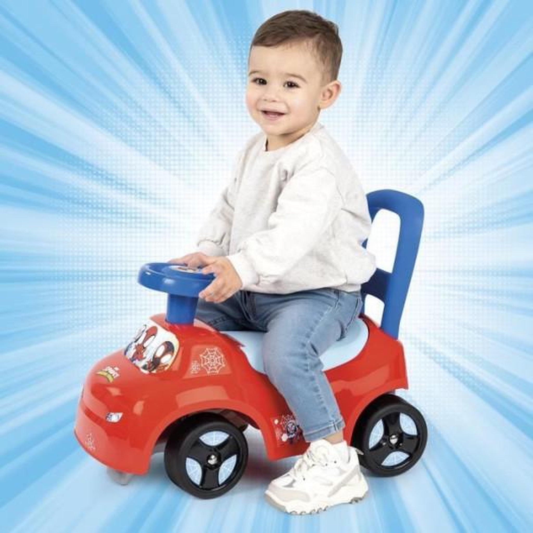 Voir la diapositive 3 : SMOBY Porteur trotteur smoby -  auto enfant 2 en 1 - spidey - coffre sous la selle - des 10 mois - fabrication française
