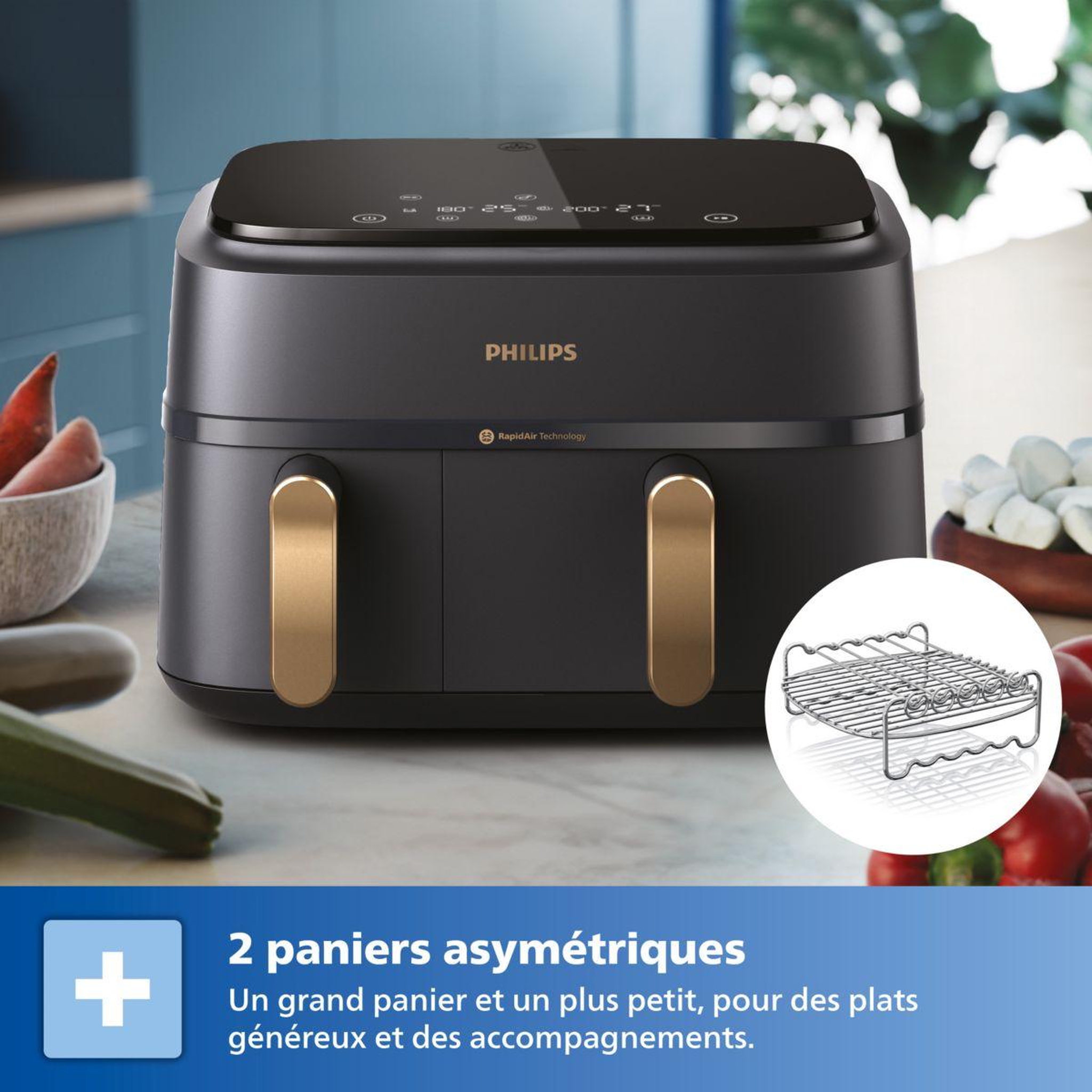 Voir la diapositive 3 : Philips Friteuse sans huile NA352/04 Friteuse sans huile double panier Noir/Doré, Série 3000 9L (3+6L) avec accessoire