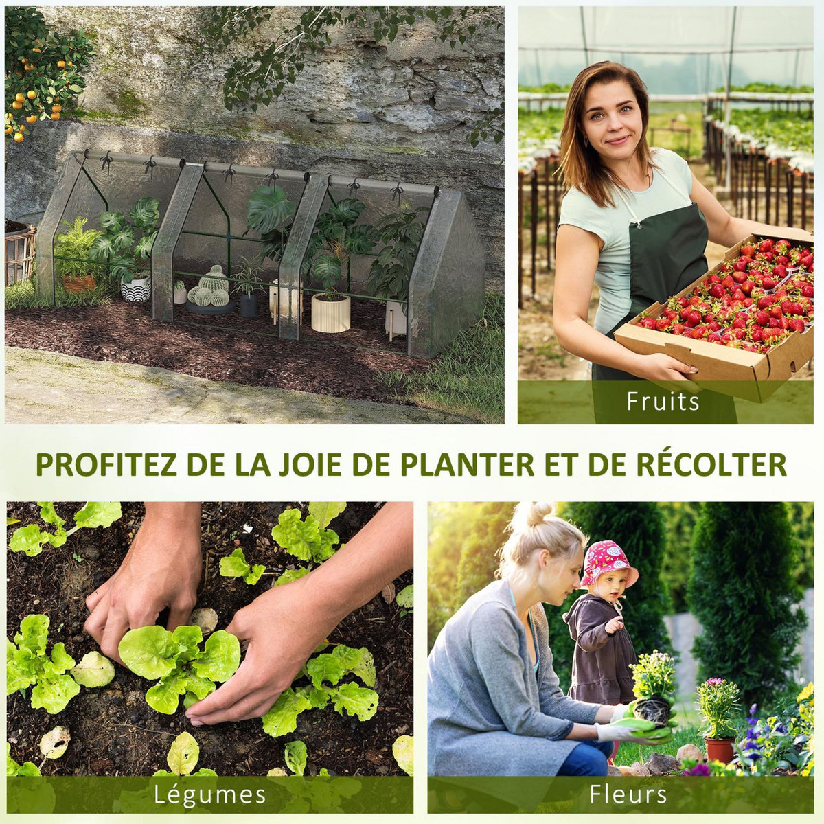 OUTSUNNY Mini serre de jardin serre à tomates 270L x 90l x 90H cm acier PE haute densité 140 g/m² anti-UV 3 fenêtres avec zip enroulables blanc