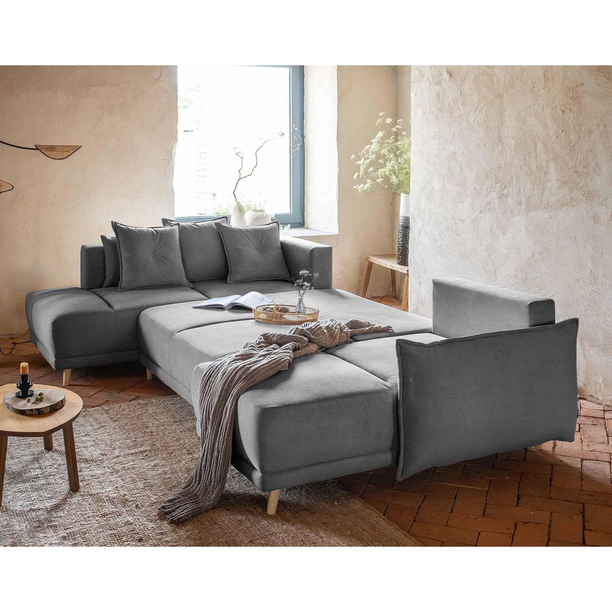 BEST MOBILIER Lena - canapé panoramique d'angle gauche 7 places - convertible avec coffre - en velours côtelé