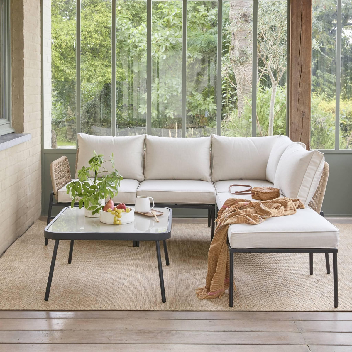 SWEEEK Salon de jardin d'angle en acier et cordes beige TALIA. 5 personnes