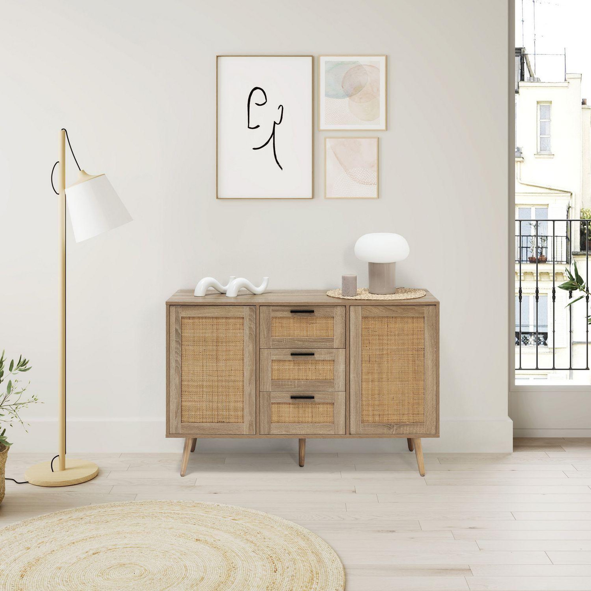 Voir la diapositive 5 : VS VENTA-STOCK Buffet Dalia 3 tiroirs et 2 portes couleur chêne, 120 cm longueur