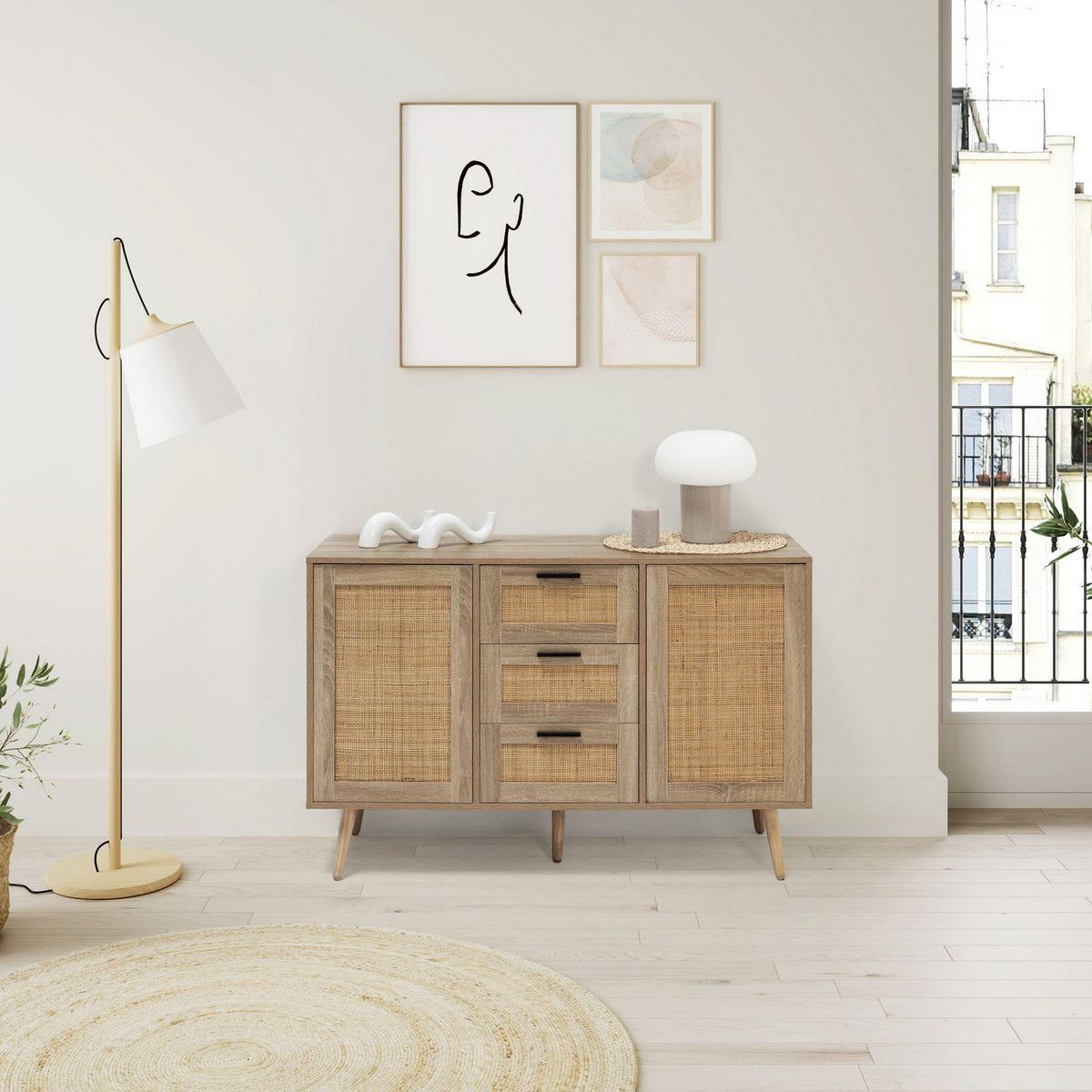 VS VENTA-STOCK Buffet Dalia 3 tiroirs et 2 portes couleur chêne, 120 cm longueur