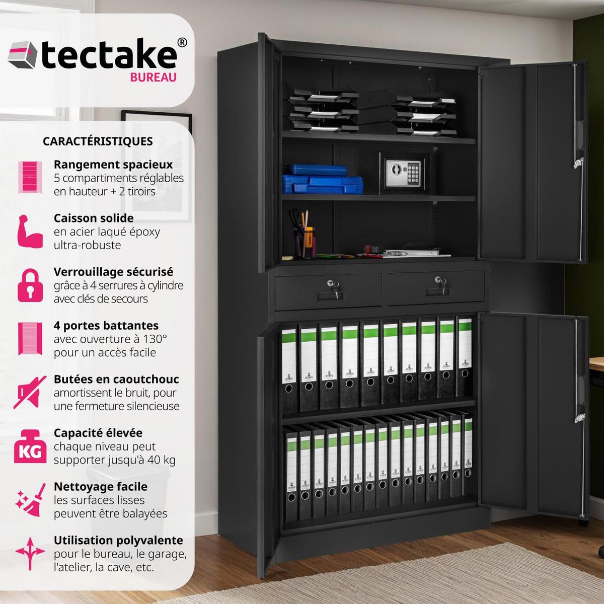 tectake Armoire de classement en métal en acier lâqué époxy noir/noir