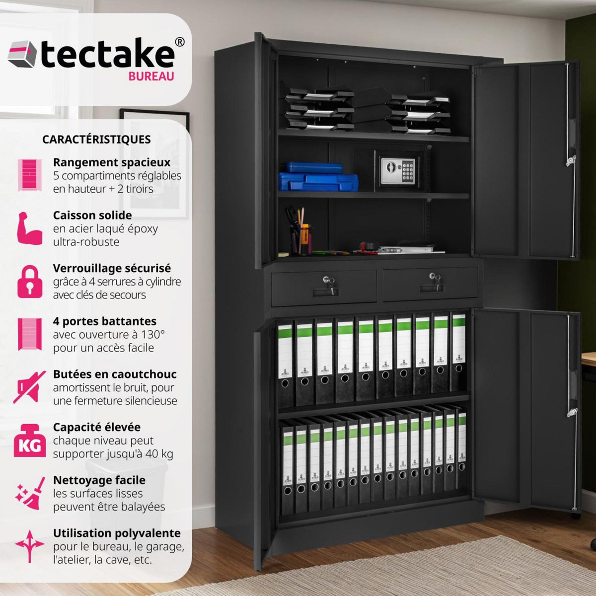 tectake Armoire de classement en métal en acier lâqué époxy noir/noir