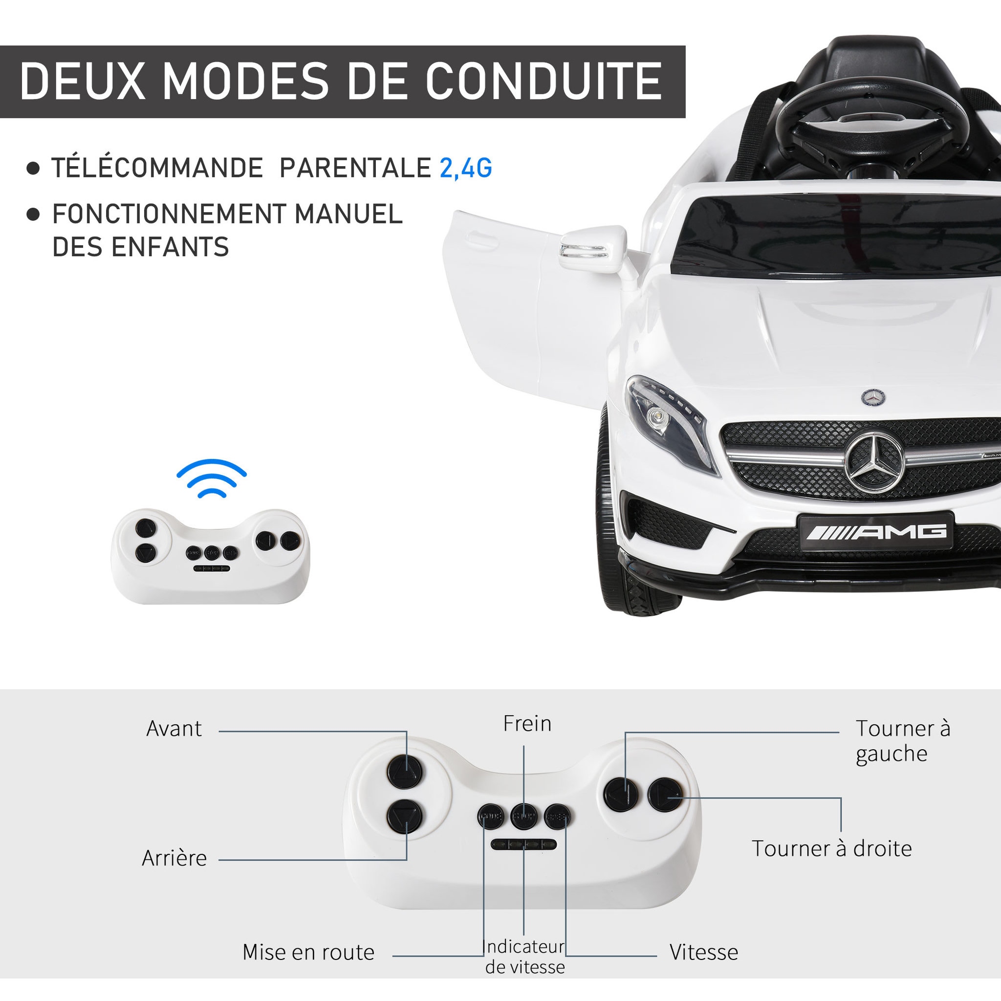 Voir la diapositive 5 : HOMCOM Voiture véhicule électrique enfant 6 V 7 Km/h max. télécommande effets sonores + lumineux Mercedes GLA AMG blanc