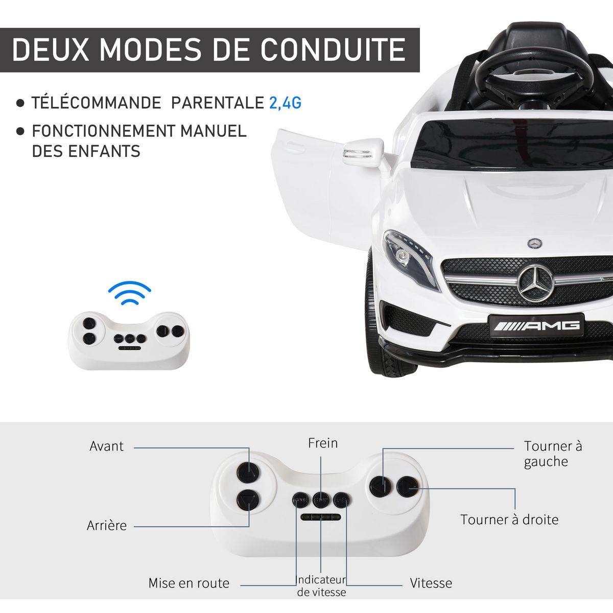 HOMCOM Voiture véhicule électrique enfant 6 V 7 Km/h max. télécommande effets sonores + lumineux Mercedes GLA AMG blanc