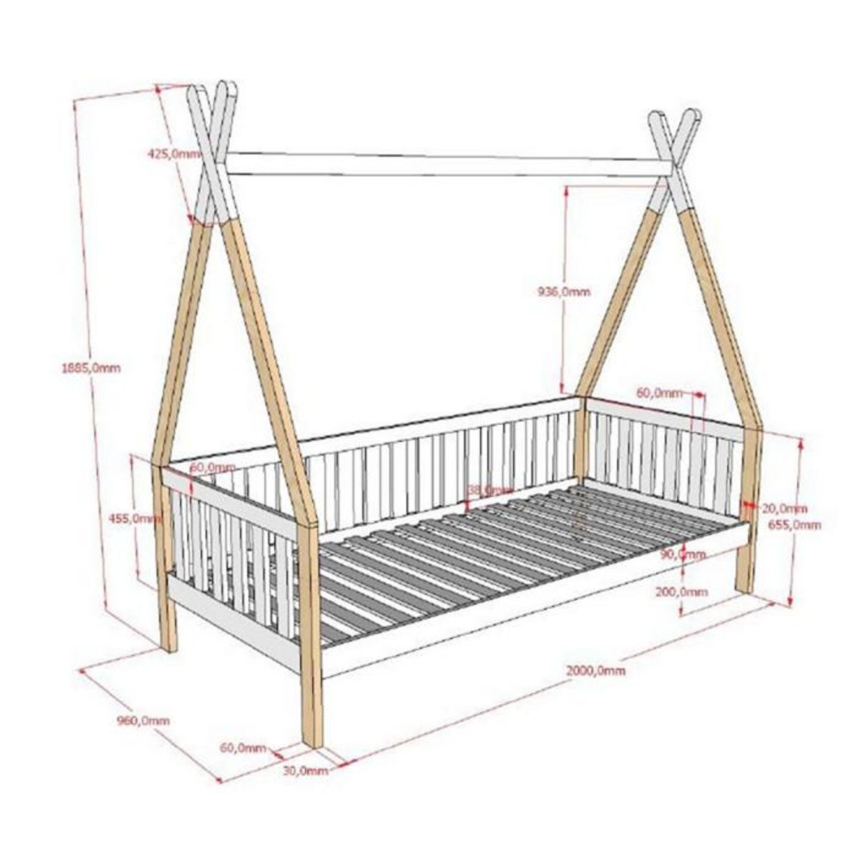 Paris Prix Lit Enfant, Barrière & Tiroir  Tipi  90x200cm Blanc & Naturel