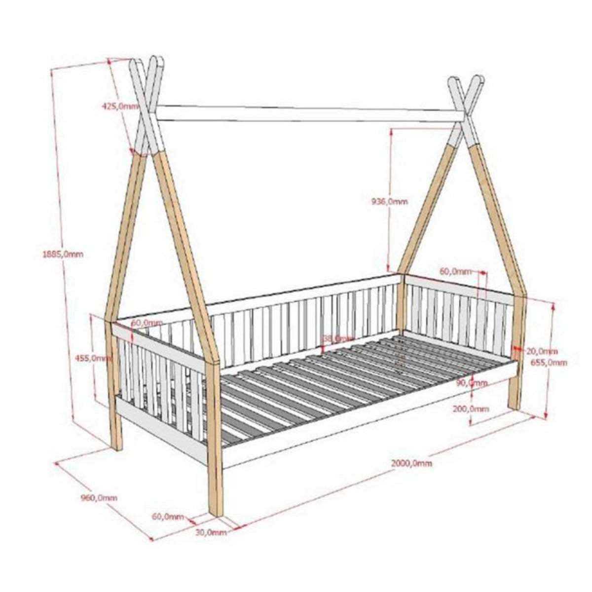 Paris Prix Lit Enfant, Barrière & Tiroir  Tipi  90x200cm Blanc & Naturel