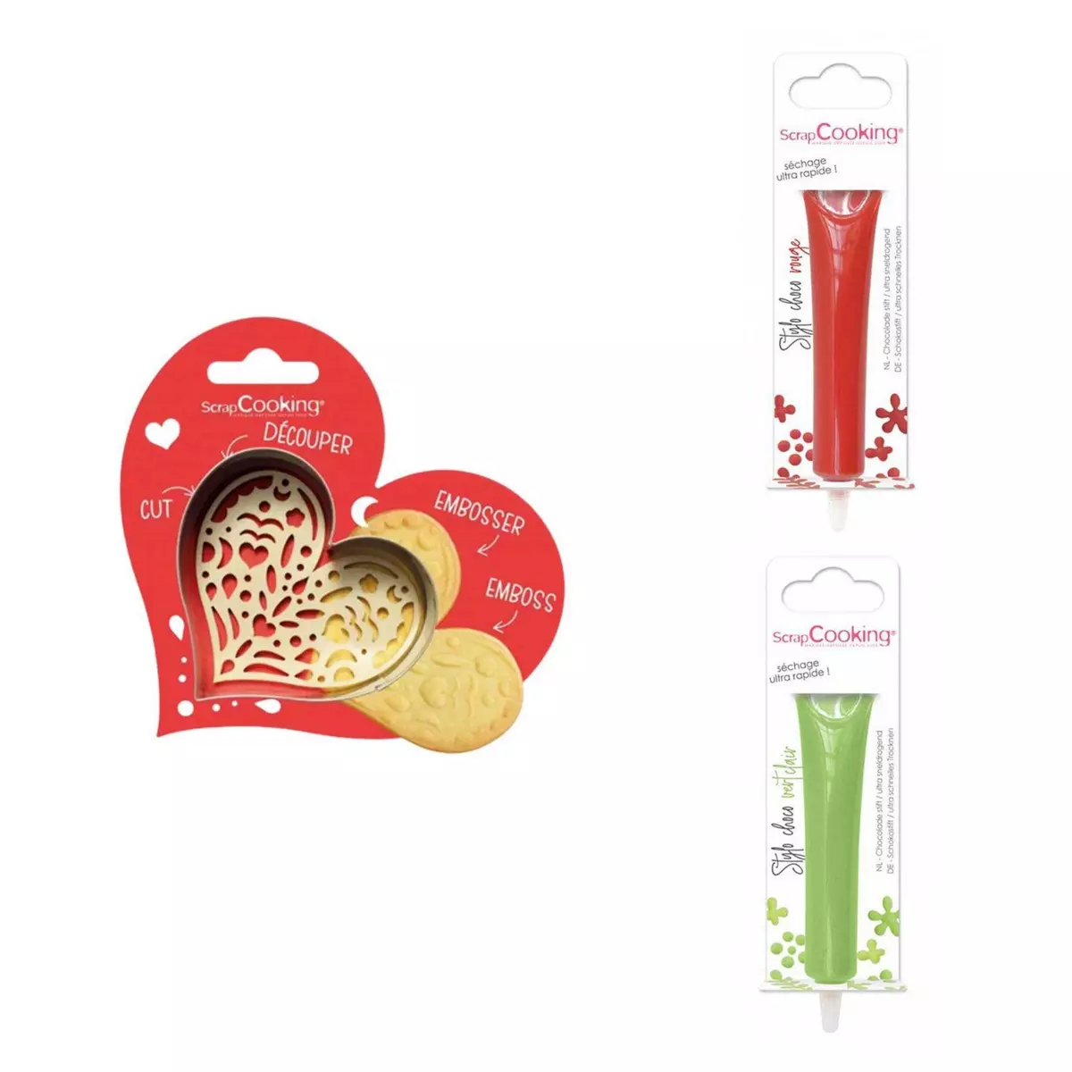 SCRAPCOOKING Kit pour biscuit en relief Coeur + 2 Stylos au chocolat rouge et vert clair