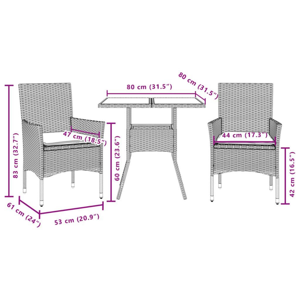 VIDAXL Ensemble a manger de jardin avec coussins 3 pcs rotin et verre