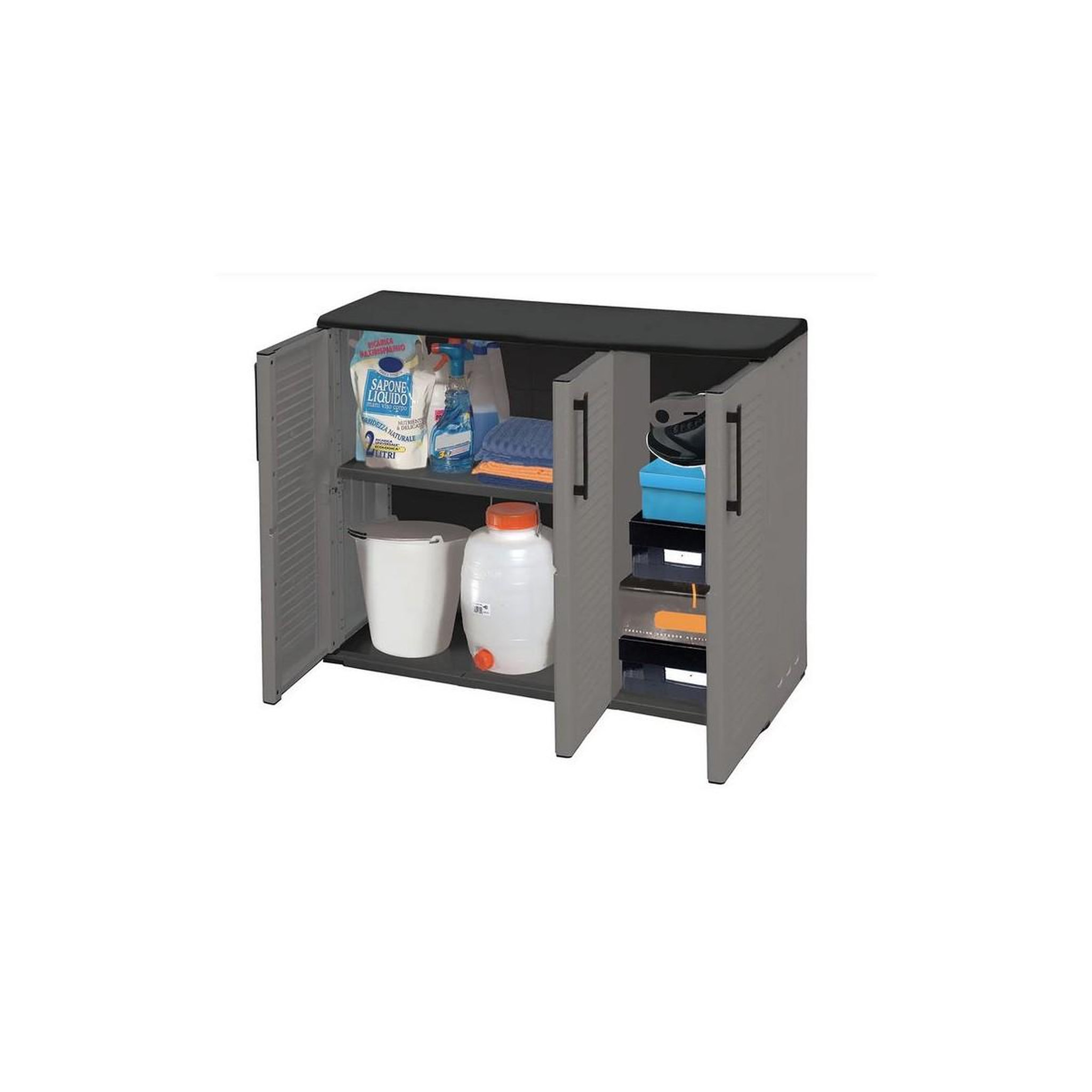 Voir la diapositive 2 : ART PLAST Armoire de rangement garage atelier - armoire basse 3 portes et 1 étagère réglable polypropylène 102x37h84 cm charge 20 kg