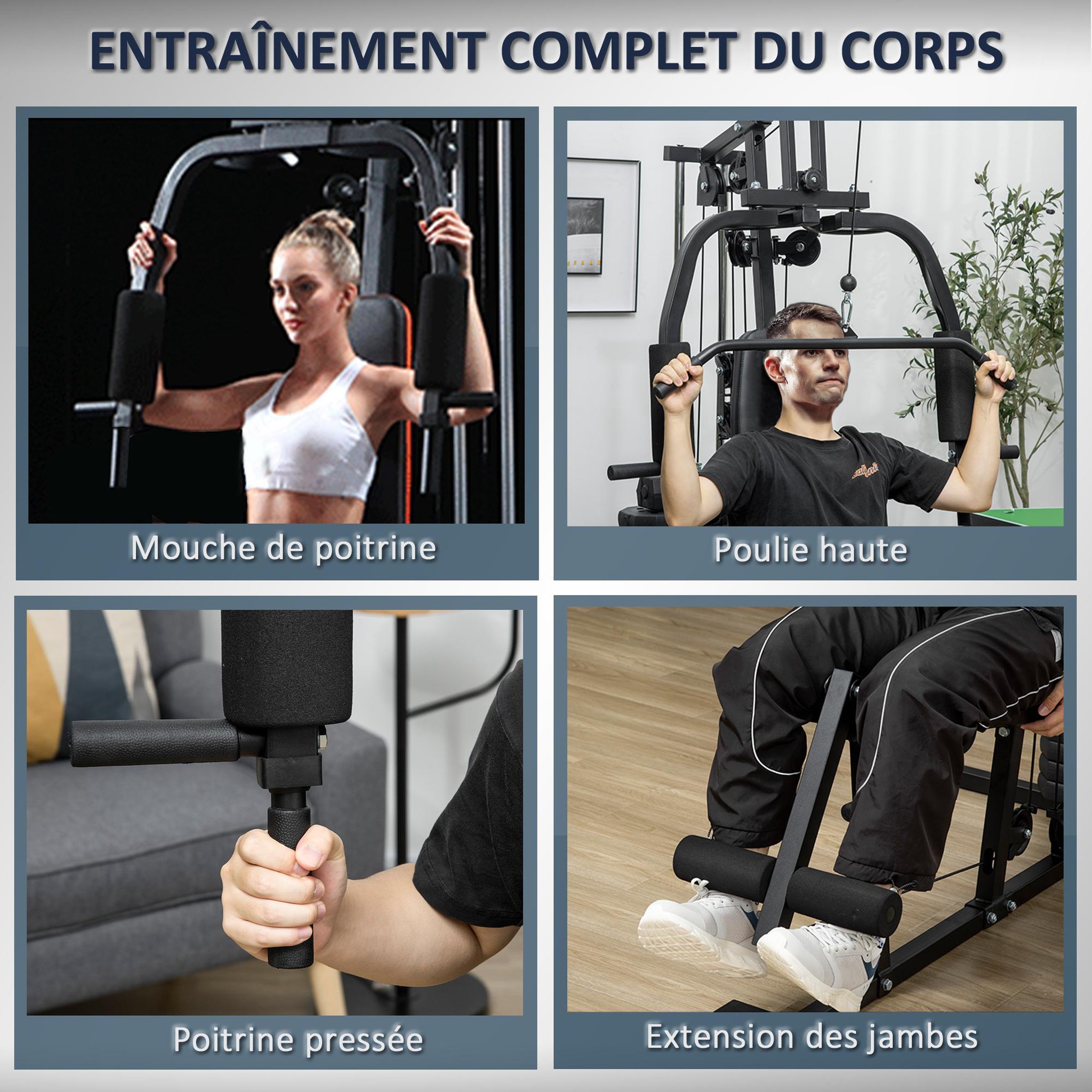 Voir la diapositive 4 : HOMCOM Station de musculation - entrainement complet - développé couché, butterfly, barre latissimus, curler - 9 contrepoids - acier noir