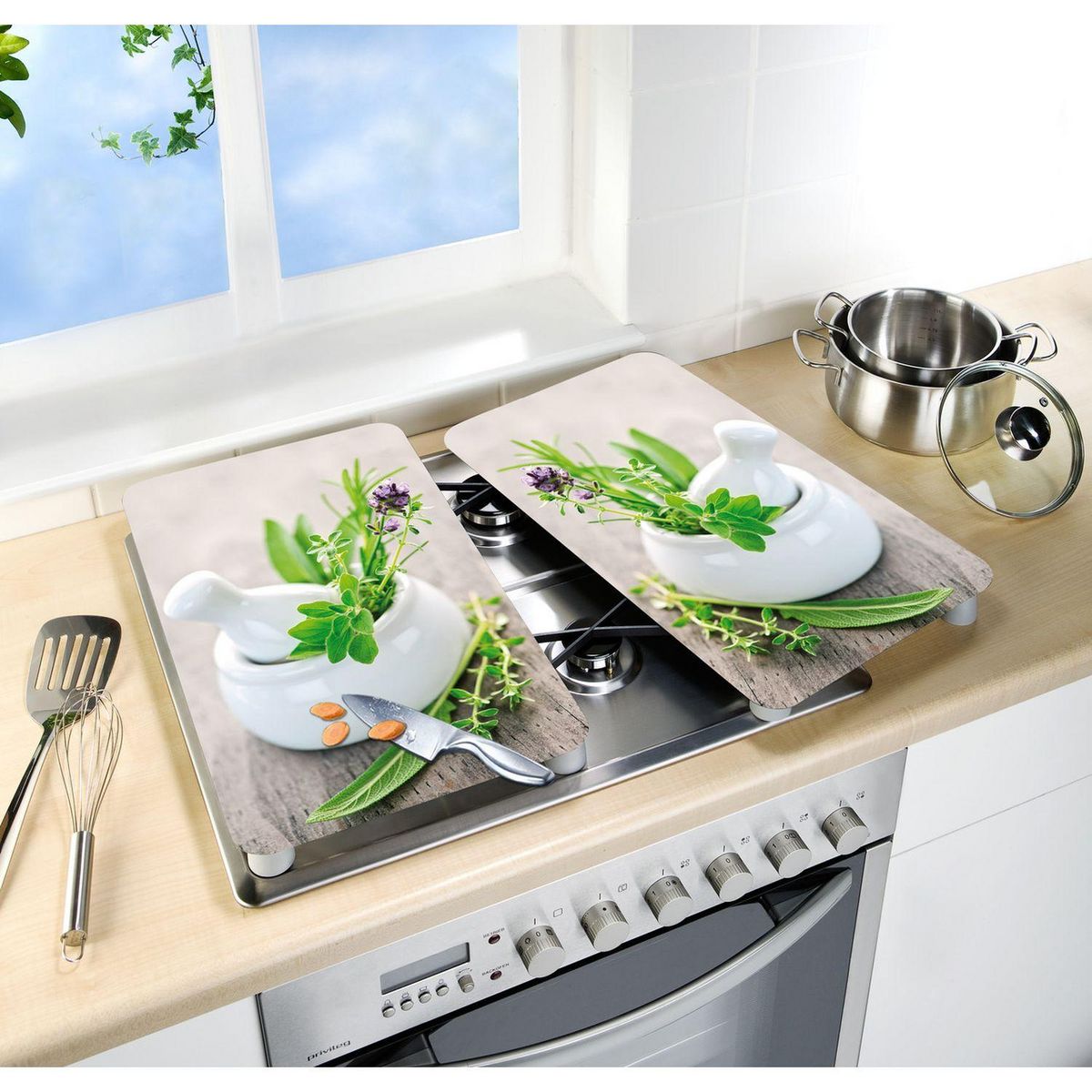 Wenko 2 Couvre-plaques universel Herbes - 30 x 52 cm - Vert et blanc