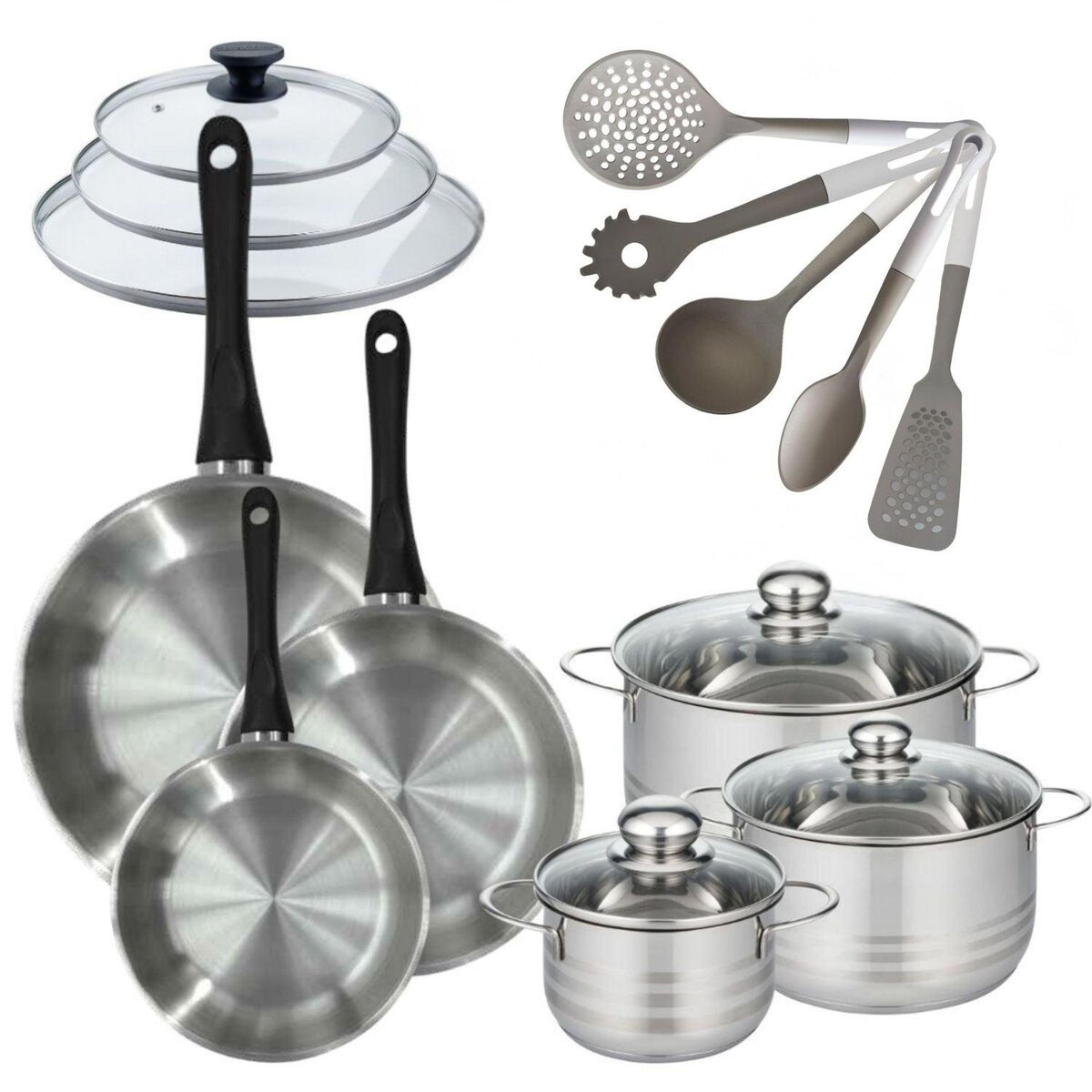 Fackelmann Lot Poêles 20/24/28 cm Fackelmann Geneva avec 3 Faitouts 16/20/24 cm et 5 Ustensiles