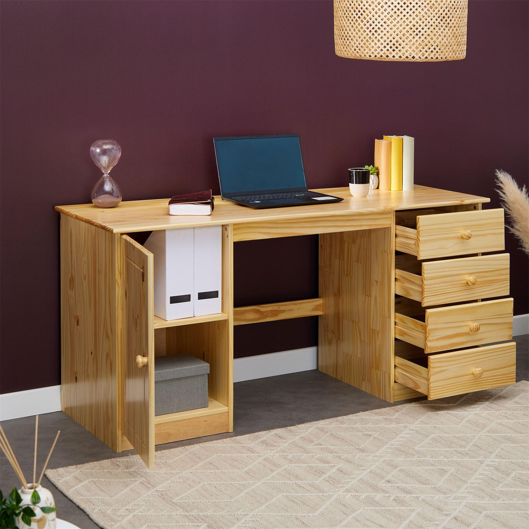 Voir la diapositive 4 : IDIMEX Bureau multi rangements MANAGER avec 4 tiroirs et 1 portes, en pin massif au vernis naturel