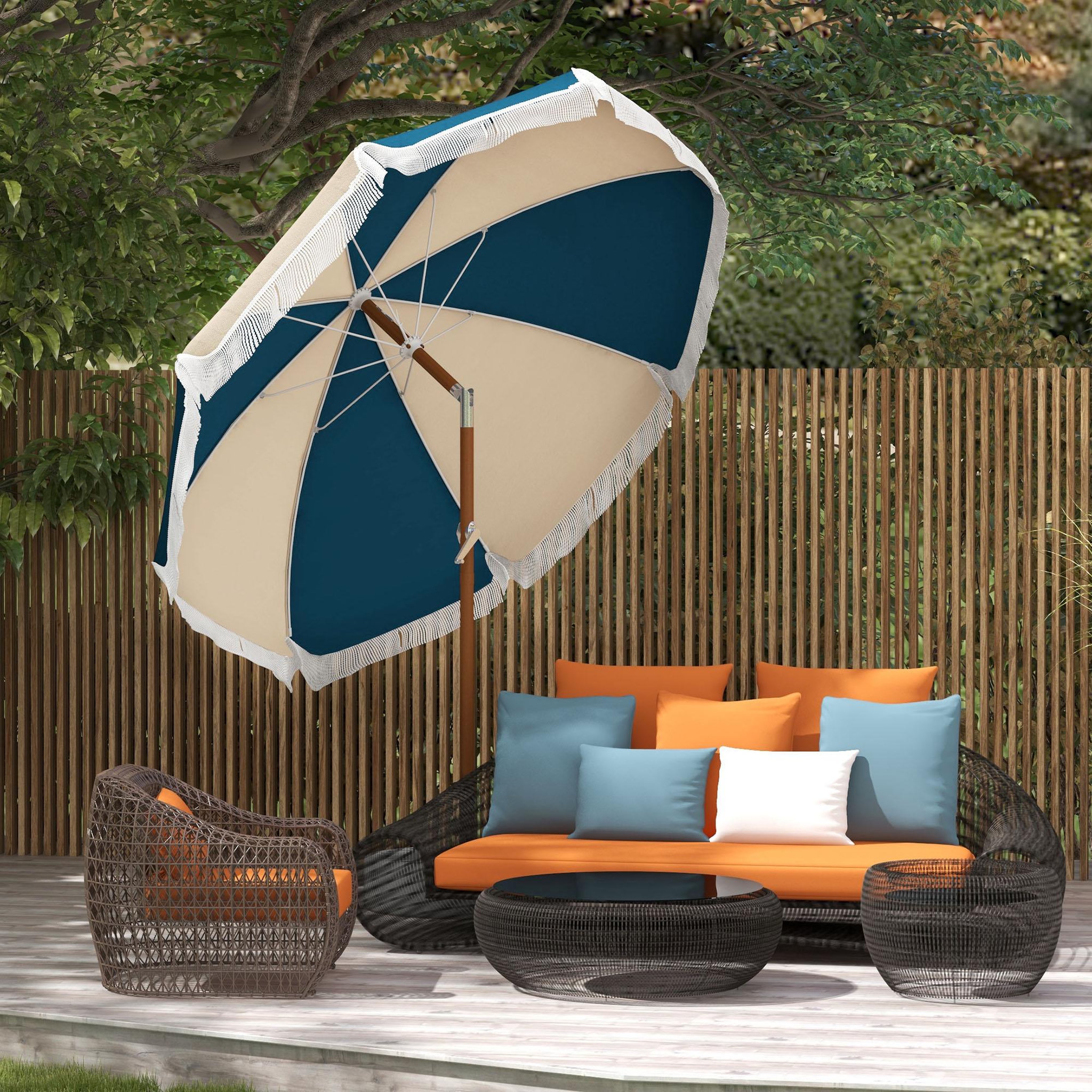 Voir la diapositive 2 : OUTSUNNY Parasol inclinable de jardin Ø 213 cm style vintage franges bleu beige