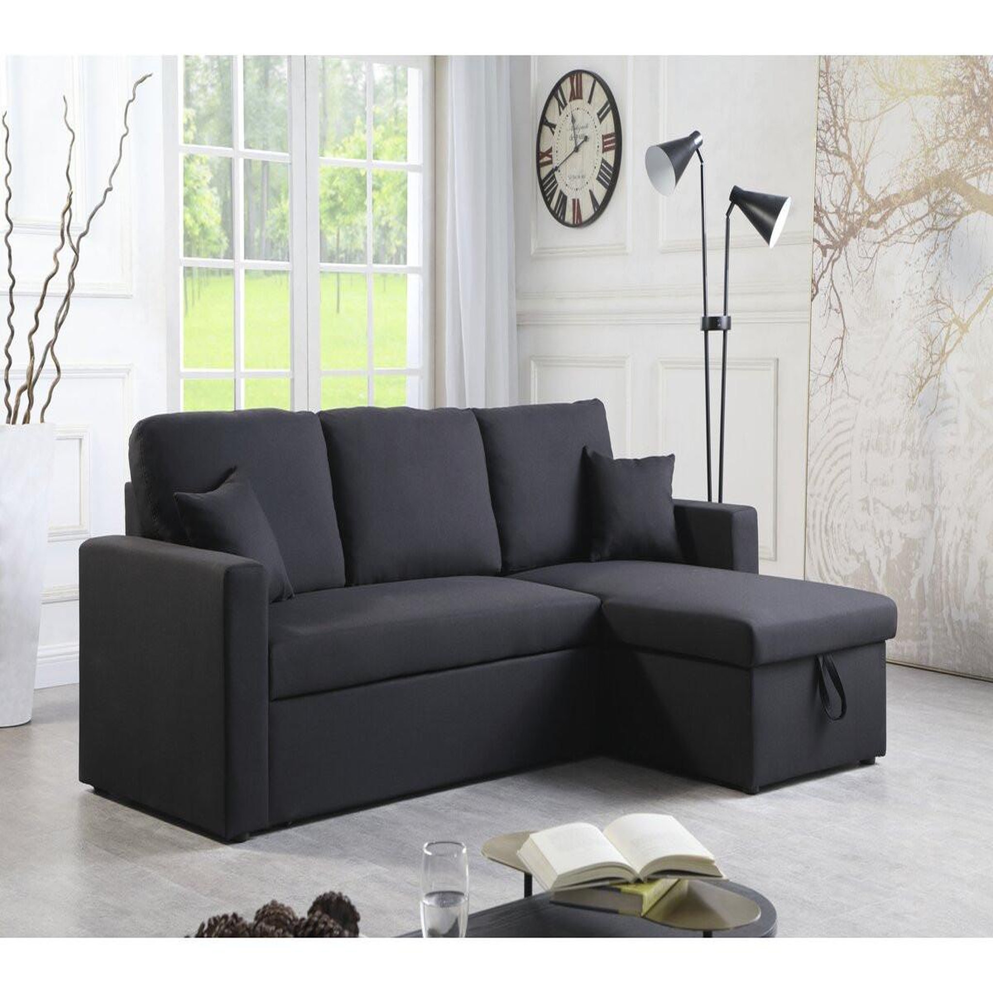 Voir la diapositive 2 : Habitat et Jardin Canapé d'angle convertible/ réversible  Alain  - 221 x 145 x 85 cm - 3 places - Noir