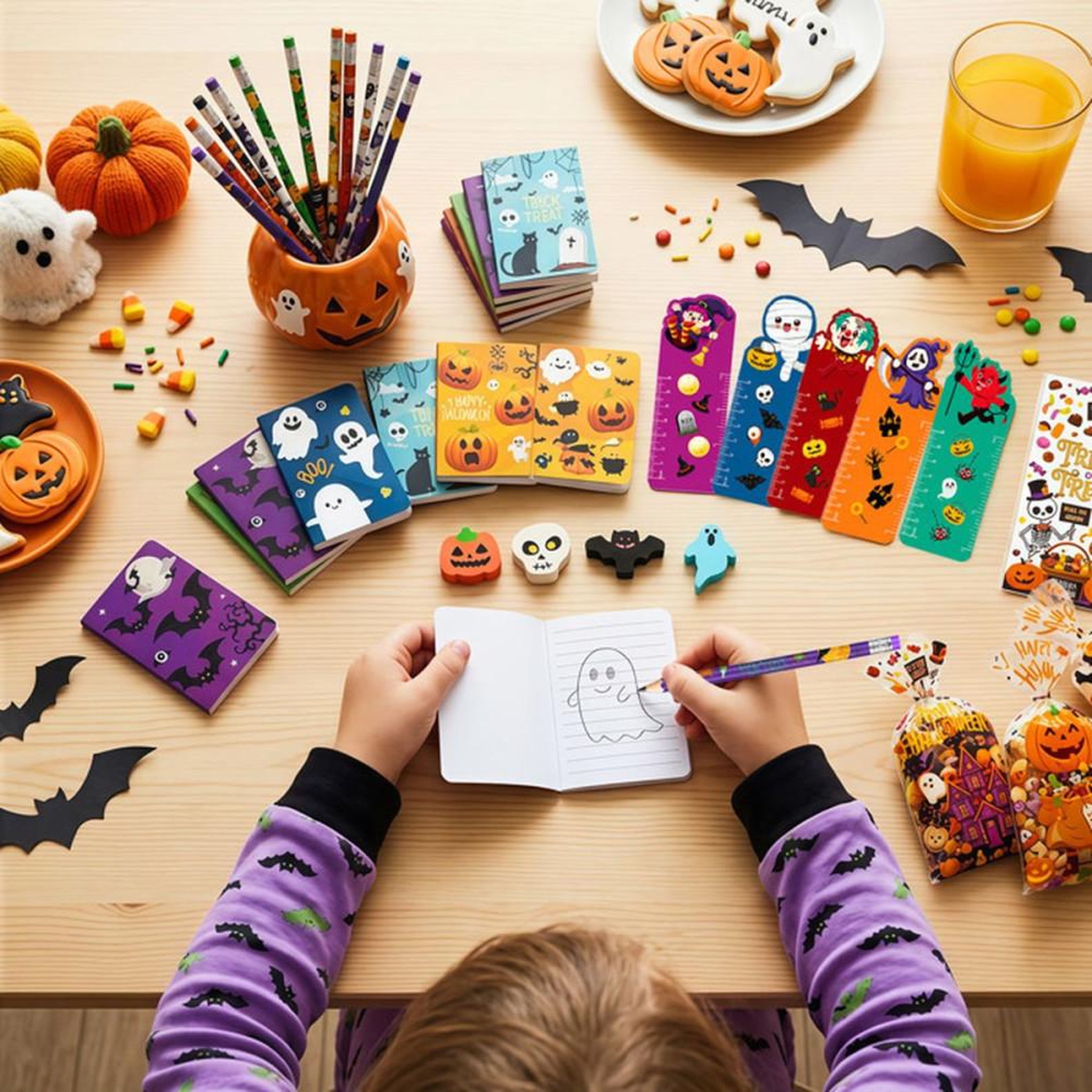 Voir la diapositive 5 : Kit de remplissage pour piñata Halloween 84 pièces : stickers, badges, sacs à bonbons et accessoires