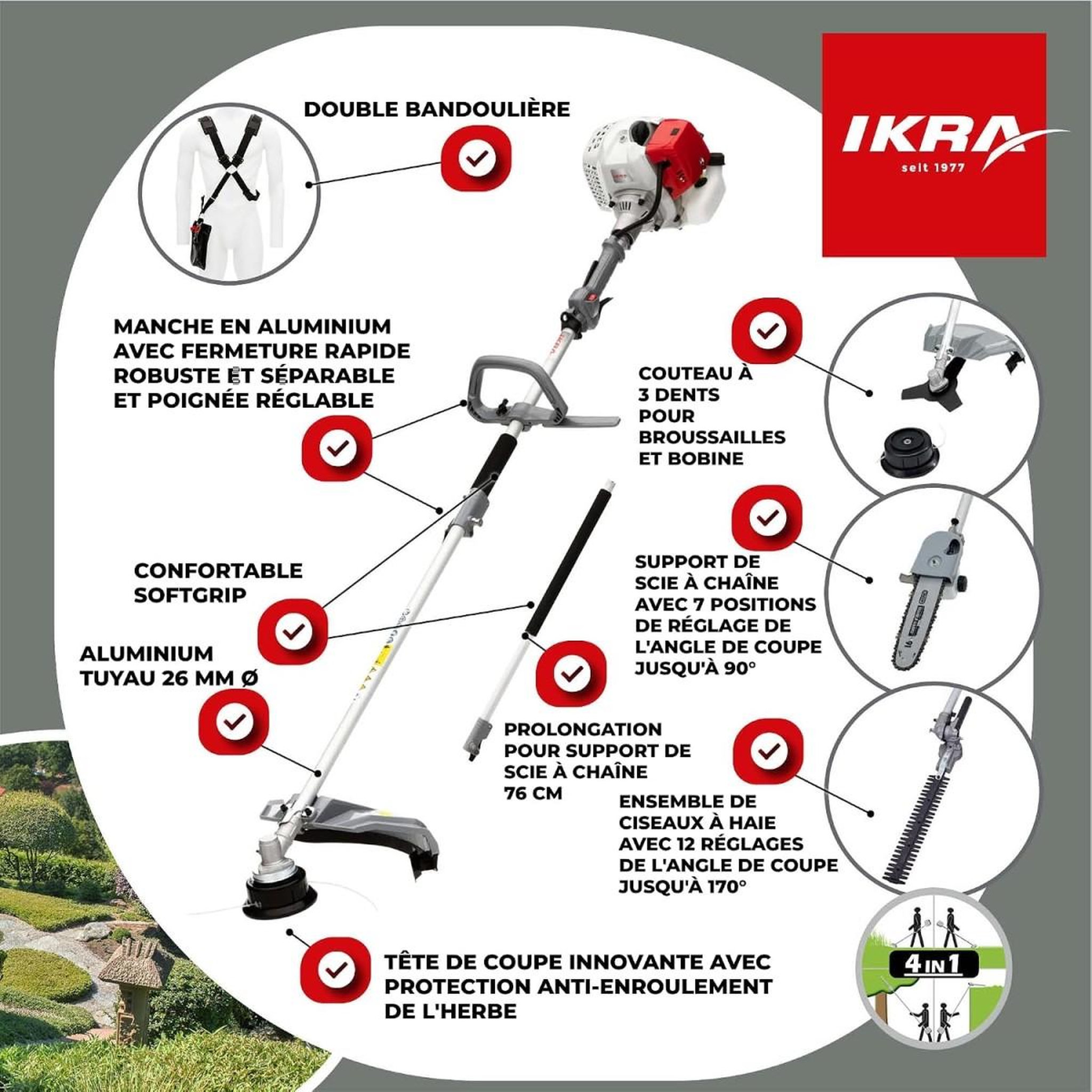 Voir la diapositive 2 : Ikra Débroussailleuse thermique multifonction 4en1 32,6 cm³ 1kW Élagueuse Taille-haie Fil + Lame 3 dents Rallonge IKRA