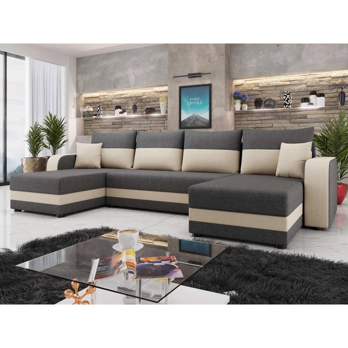 BEST MOBILIER Harvey - canapé panoramique en u 7 places convertible avec coffre en tissu bicolore