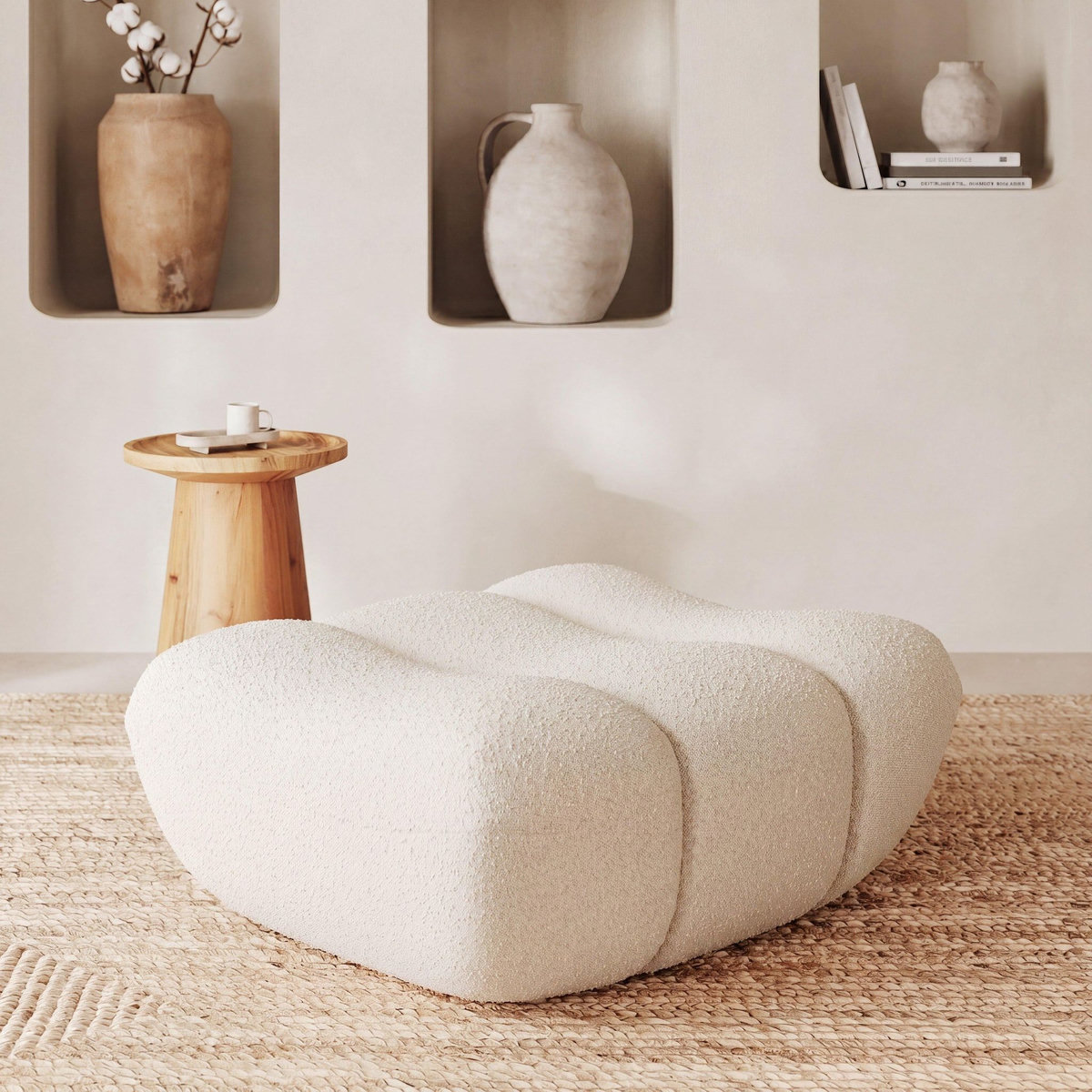 Rendez vous déco Pouf repose-pieds en tissu bouclé blanc-Teddy
