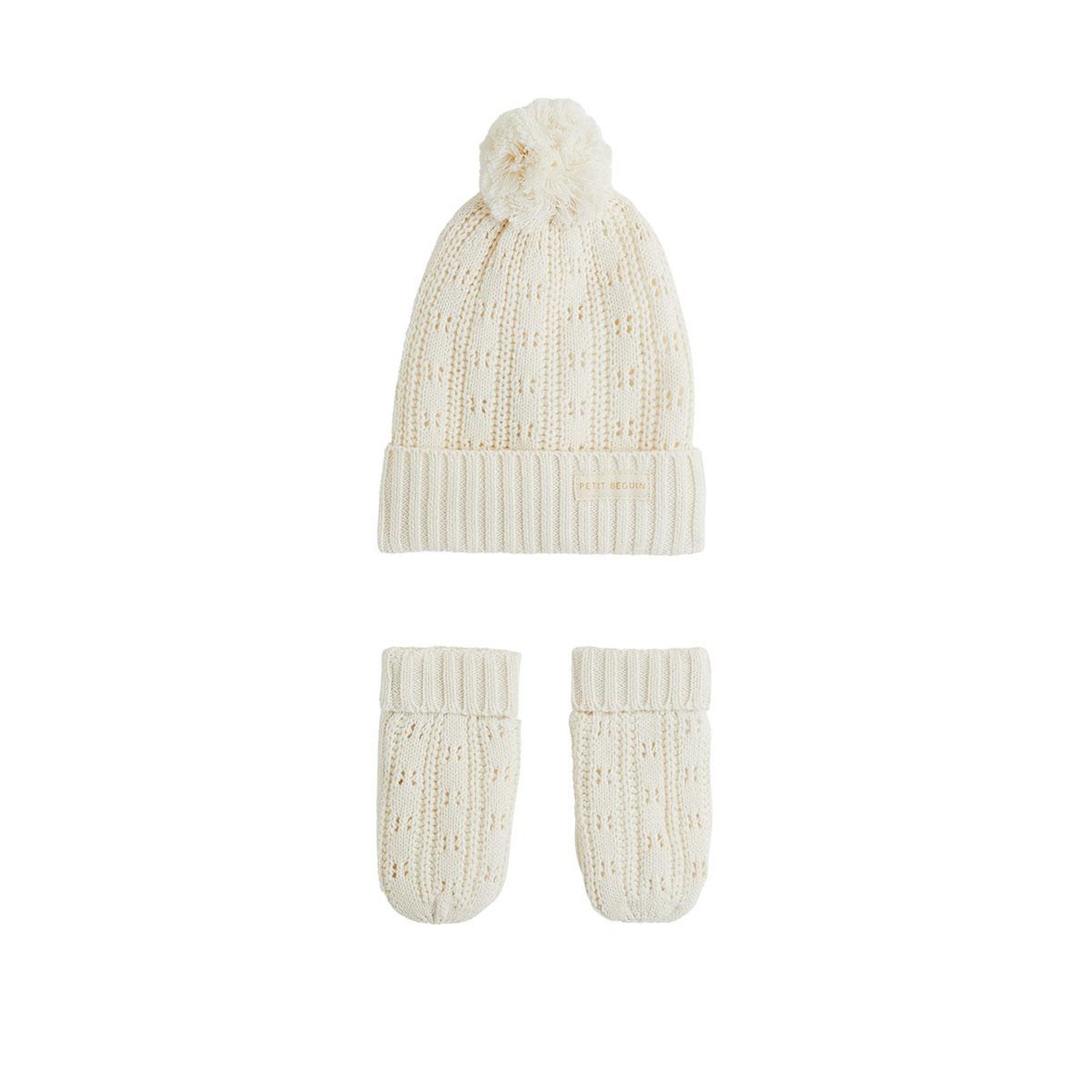 PETIT BEGUIN Bonnet bébé et moufles en tricot Elise. Coloris disponibles : Beige