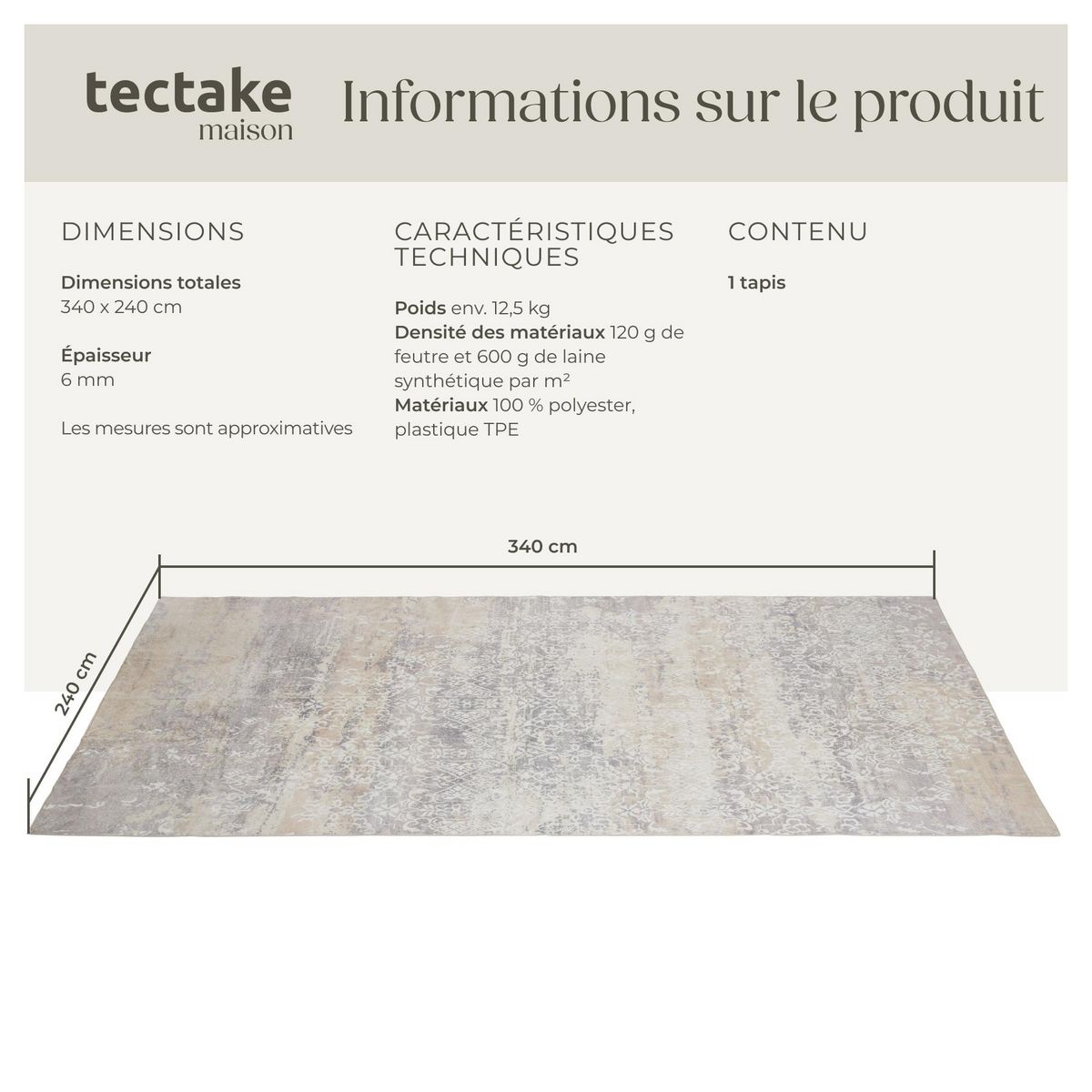 tectake Tapis design vintage à poils courts en laine synthétique et feutre beige 240 x 340 cm