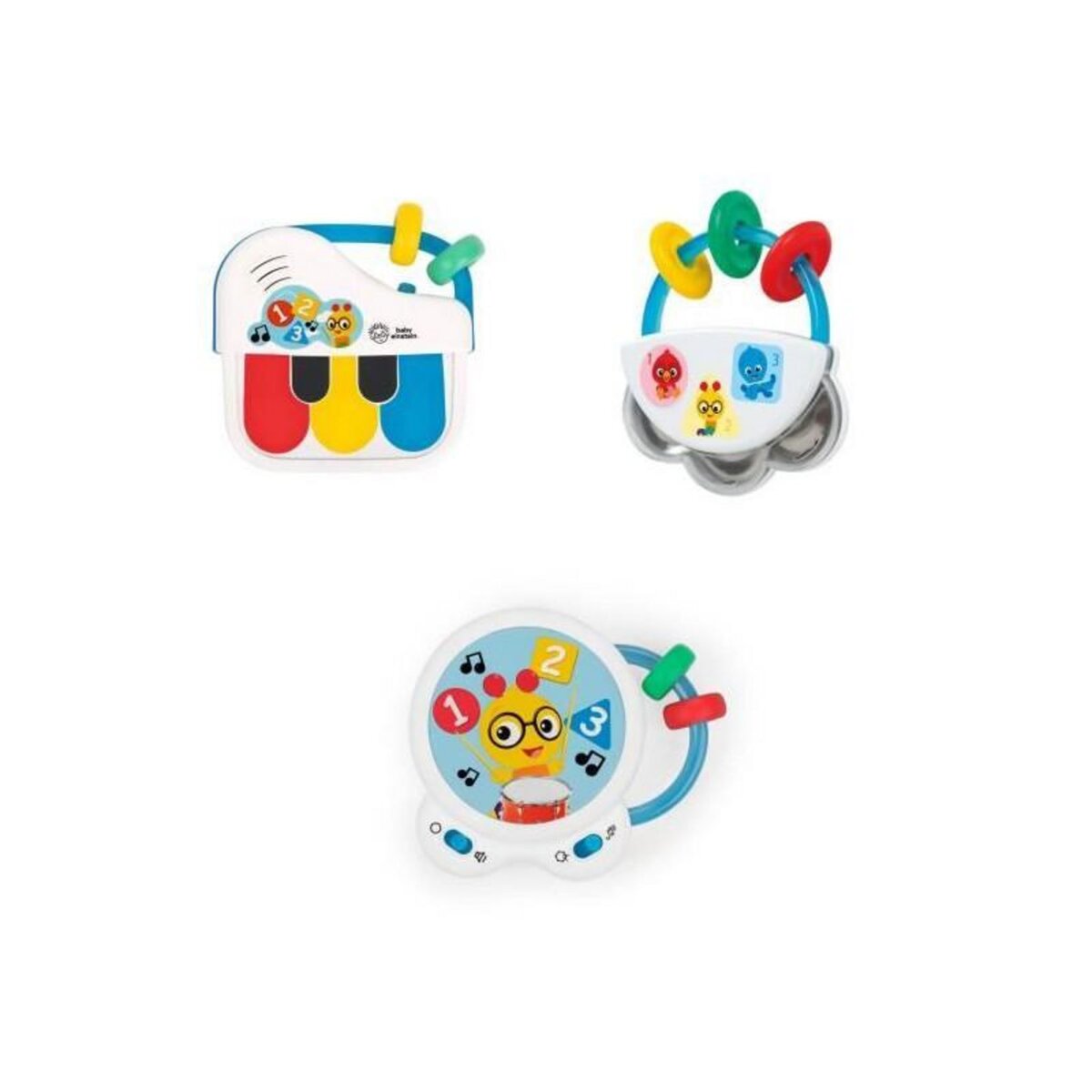 BABY EINSTEIN BABY EINSTEIN Set de 3 jouets musicaux Small Symphony, 3 instruments, bouliers inclus, contrôle du volume