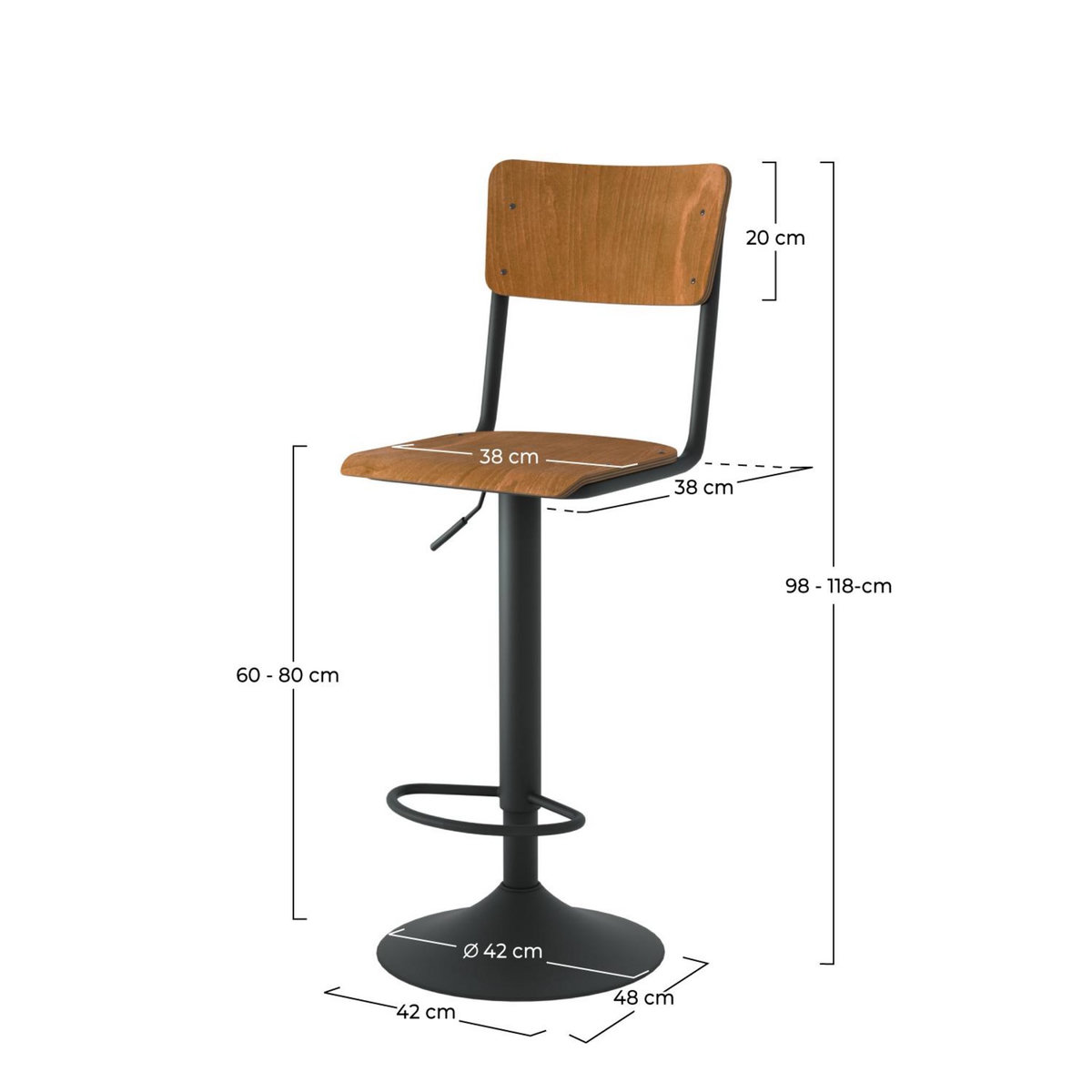 Rendez vous déco Lot de 2 chaises de bar réglables 60/80 cm en bois noir - Clem