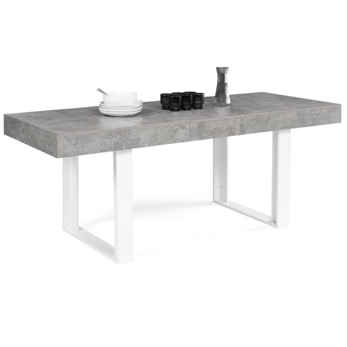 ID MARKET Table à manger extensible rectangle OREGON avec rangement 4-8 personnes effet béton et blanc 160-200 cm