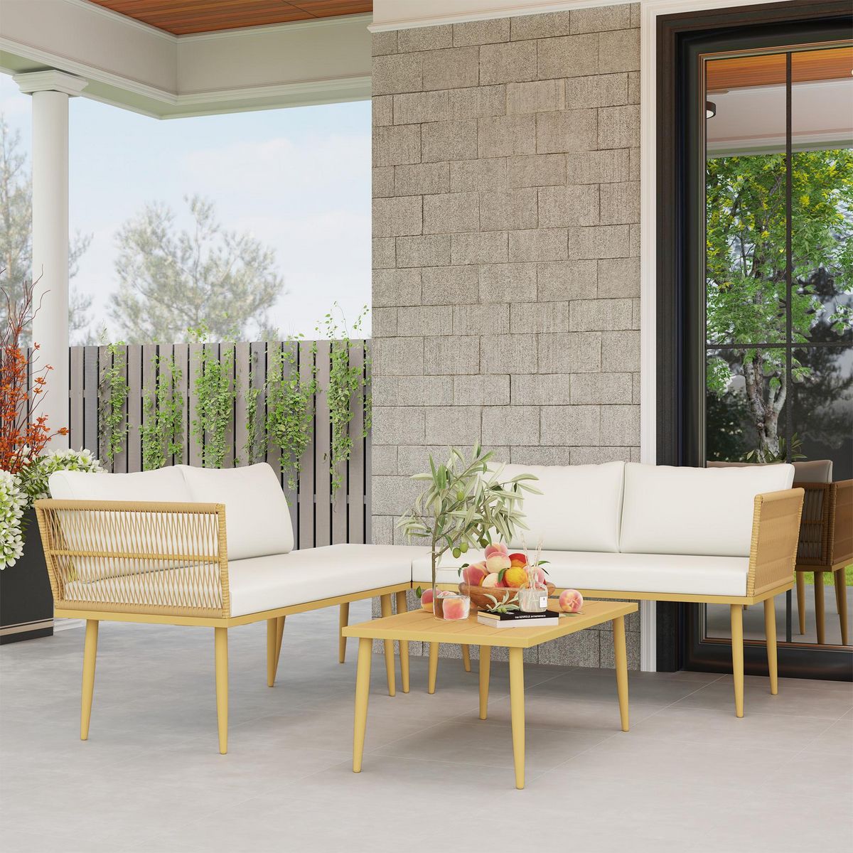 OUTSUNNY Ensemble salon de jardin 5 places modulables avec table basse et coussins résine tressée filaire beige