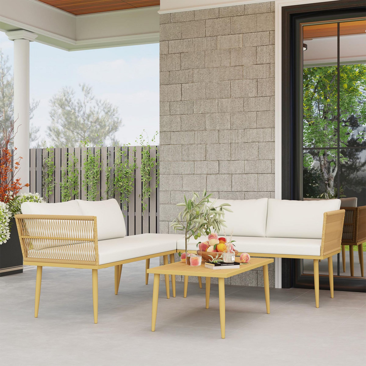 OUTSUNNY Ensemble salon de jardin 5 places modulables avec table basse et coussins résine tressée filaire beige