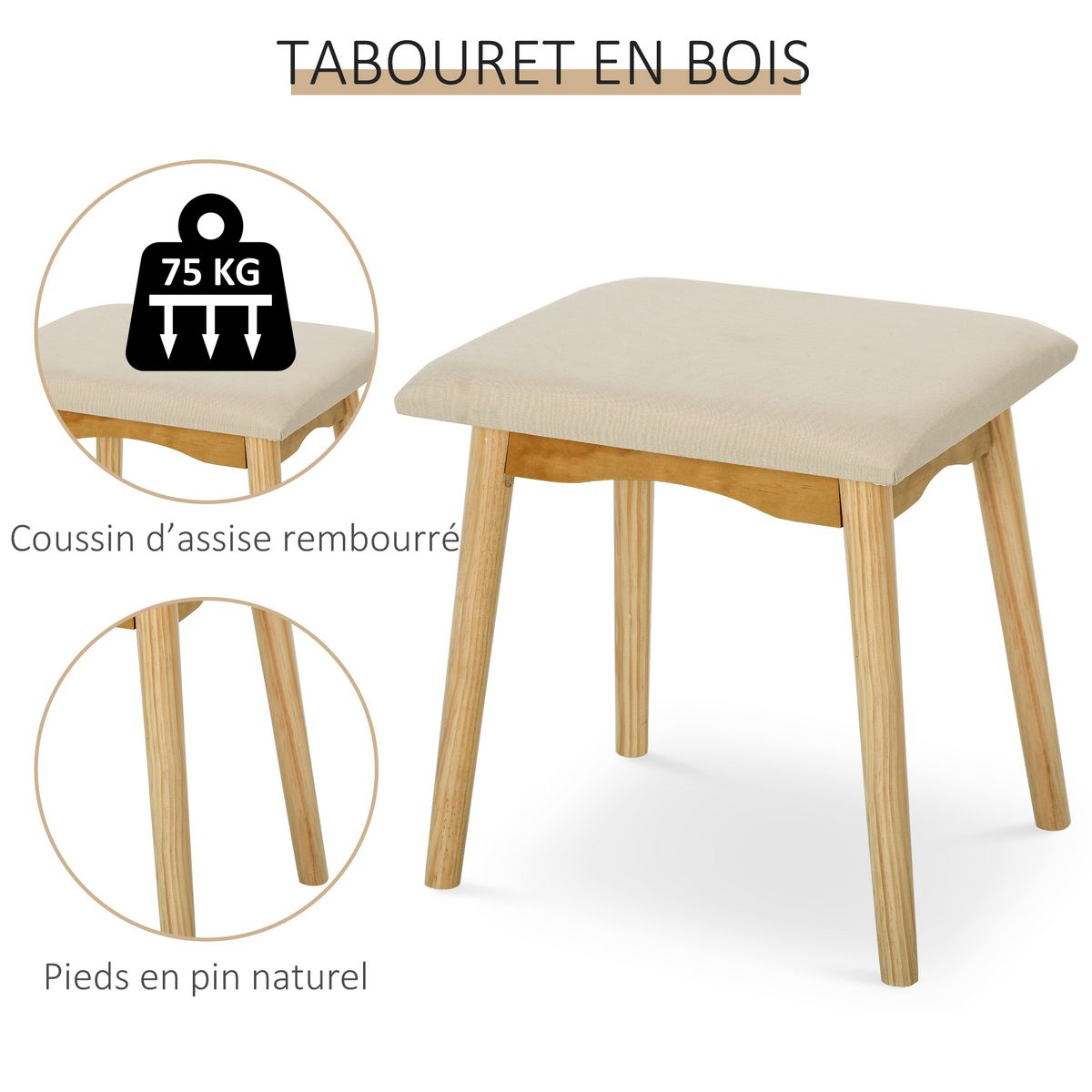 HOMCOM Coiffeuse design scandinave table de maquillage avec miroir, 2 tiroirs et tabouret blanc pin clair