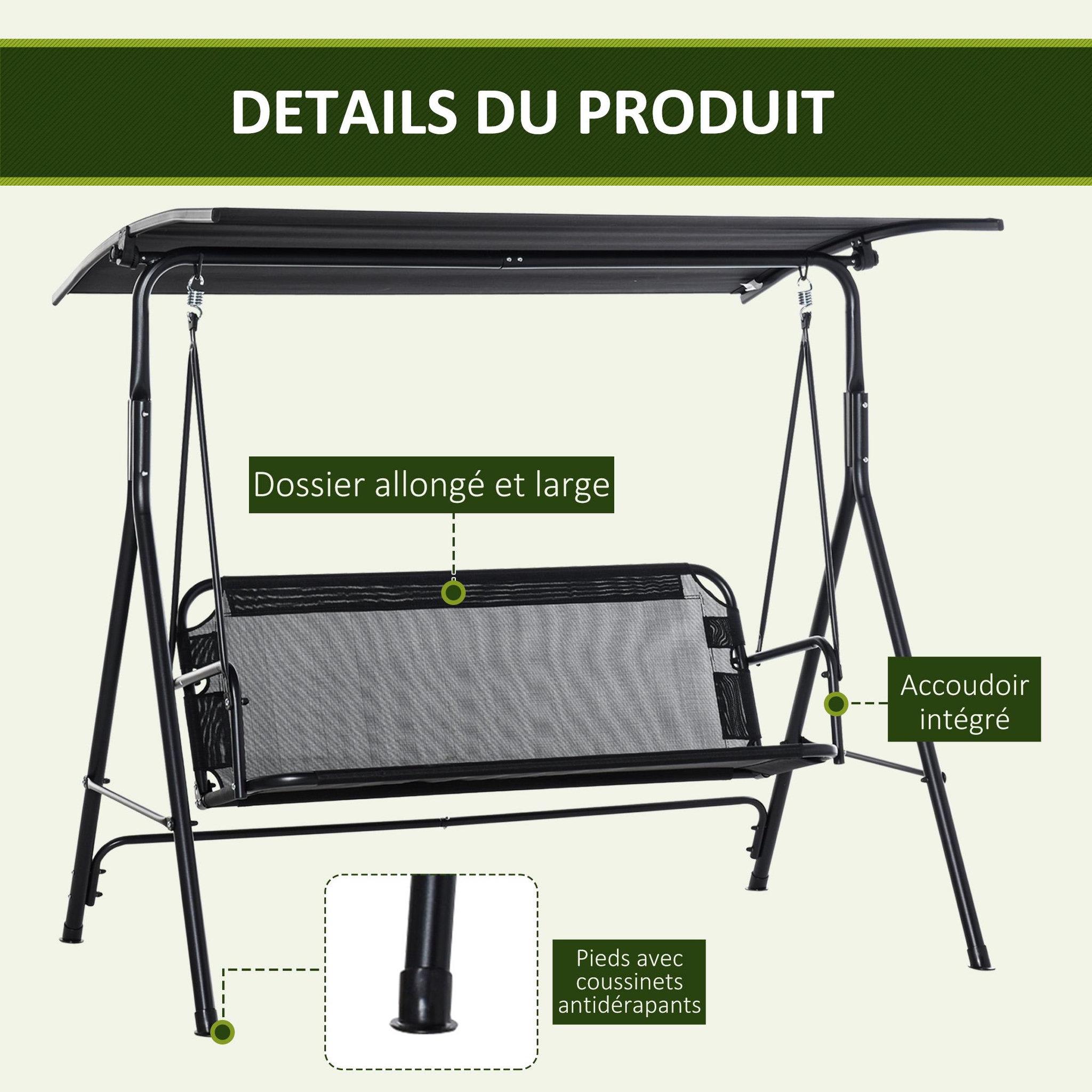 Voir la diapositive 5 : OUTSUNNY Balancelle de jardin 2 places - toit inclinaison réglable - acier textilène noir