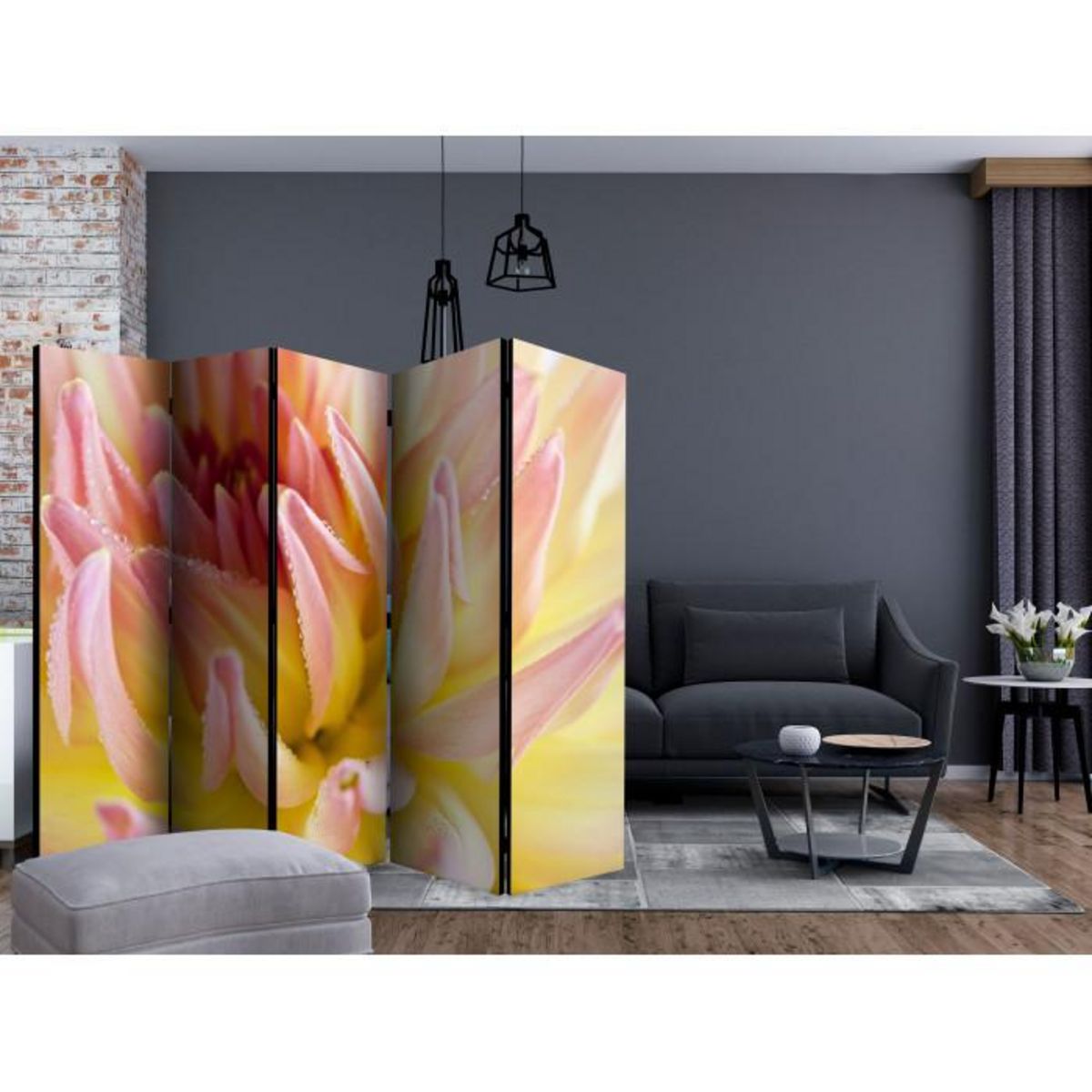 Paris Prix Paravent 5 Volets  Pastel Colored Dahlia Flower with Dew Drops  172x225cm